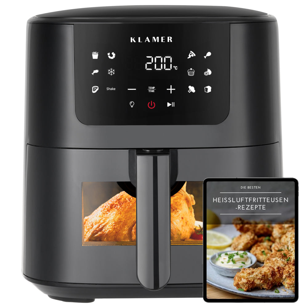 Heißluftfritteuse XL 5L mit Sichtfenster, digitale Steuerung für fettfreies Kochen und Frittieren.