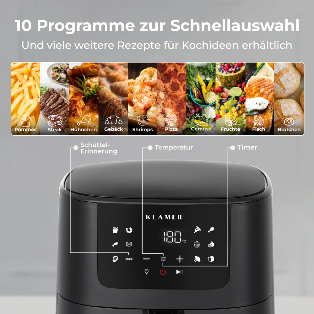 Heißluftfritteuse XL 5L mit Sichtfenster - 10 Programmoptionen zur besseren Zubereitung von Speisen.