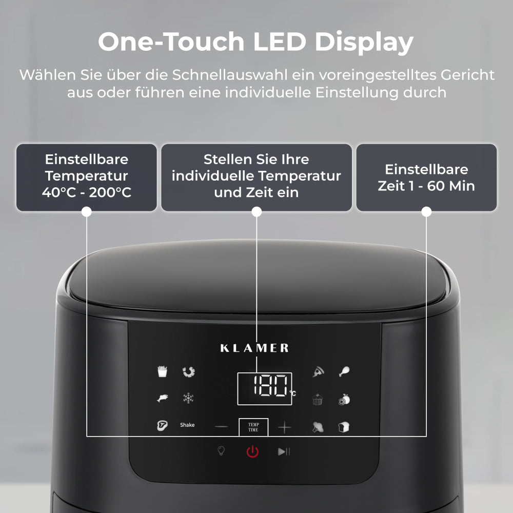 One-Touch LED Display der Heißluftfritteuse XL 5L mit Sichtfenster für einfache Temperatureinstellung.