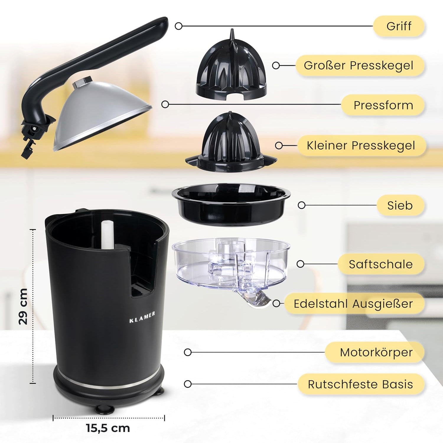 Zitruspresse mit großem und kleinem Presskegel, Sieb, Saftschale und Edelstahl Ausgießer auf einer Küchenarbeitsfläche.
