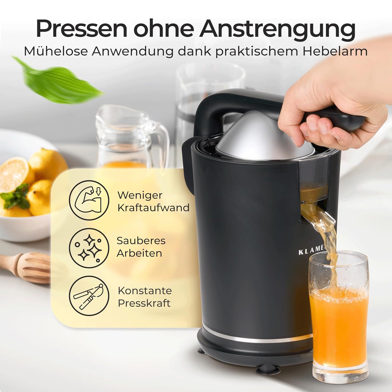 Zitruspresse mit praktischem Hebelarm für müheloses Auspressen von Zitronen, Orangen und Grapefruits ohne Anstrengung.