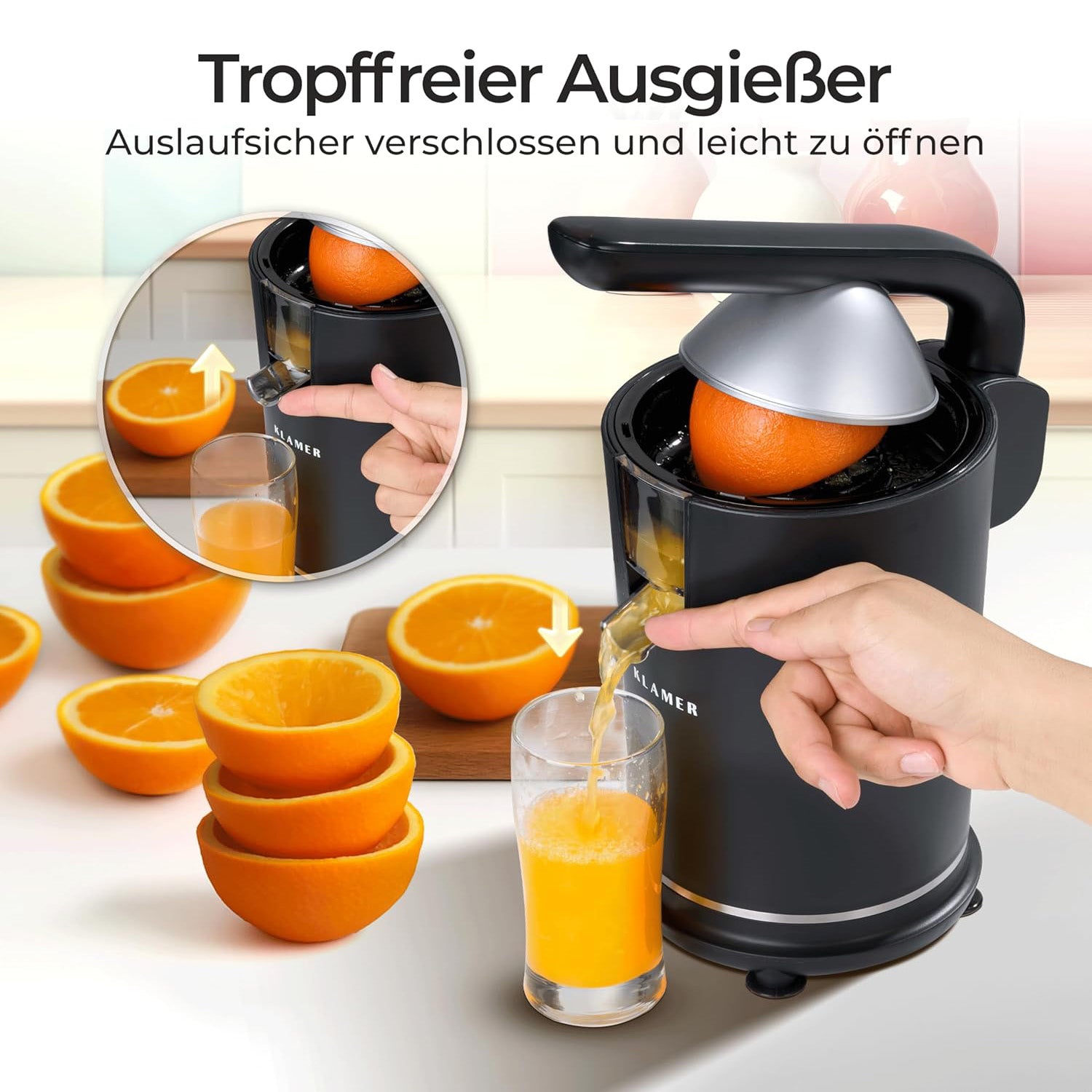 Zitruspresse mit tropffreiem Ausgießer, ideal für frischen Orangensaft, ergonomisches Design, BPA-frei.