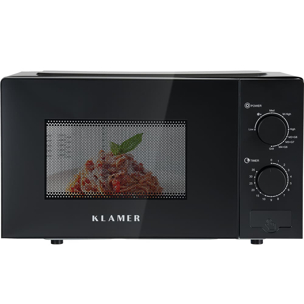 Mikrowelle KLAMER mit 20 Litern, 700 Watt und Grillfunktion für knusprige Gerichte.