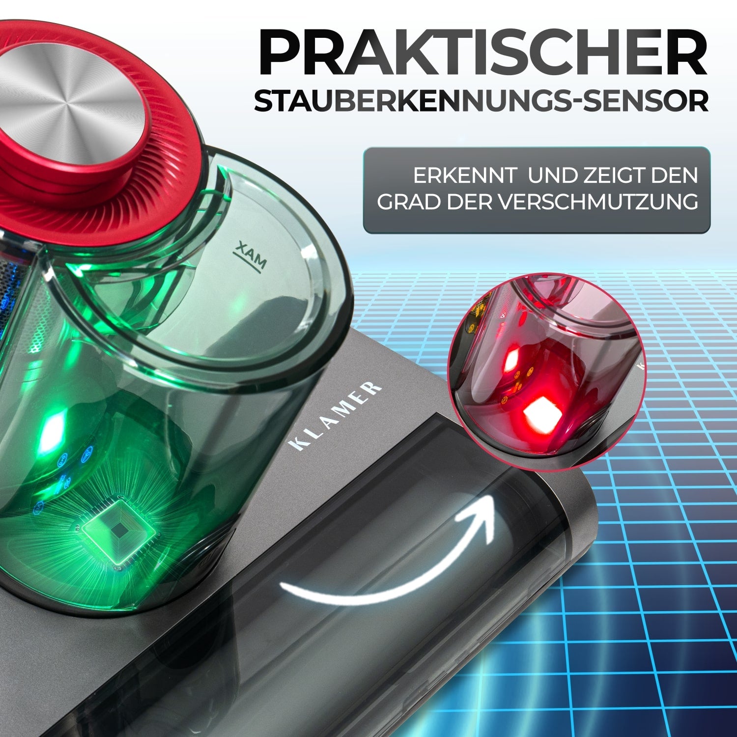 Milbenstaubsauger mit praktischem Stauberkennungssensor zur Anzeige des Verschmutzungsgrades.