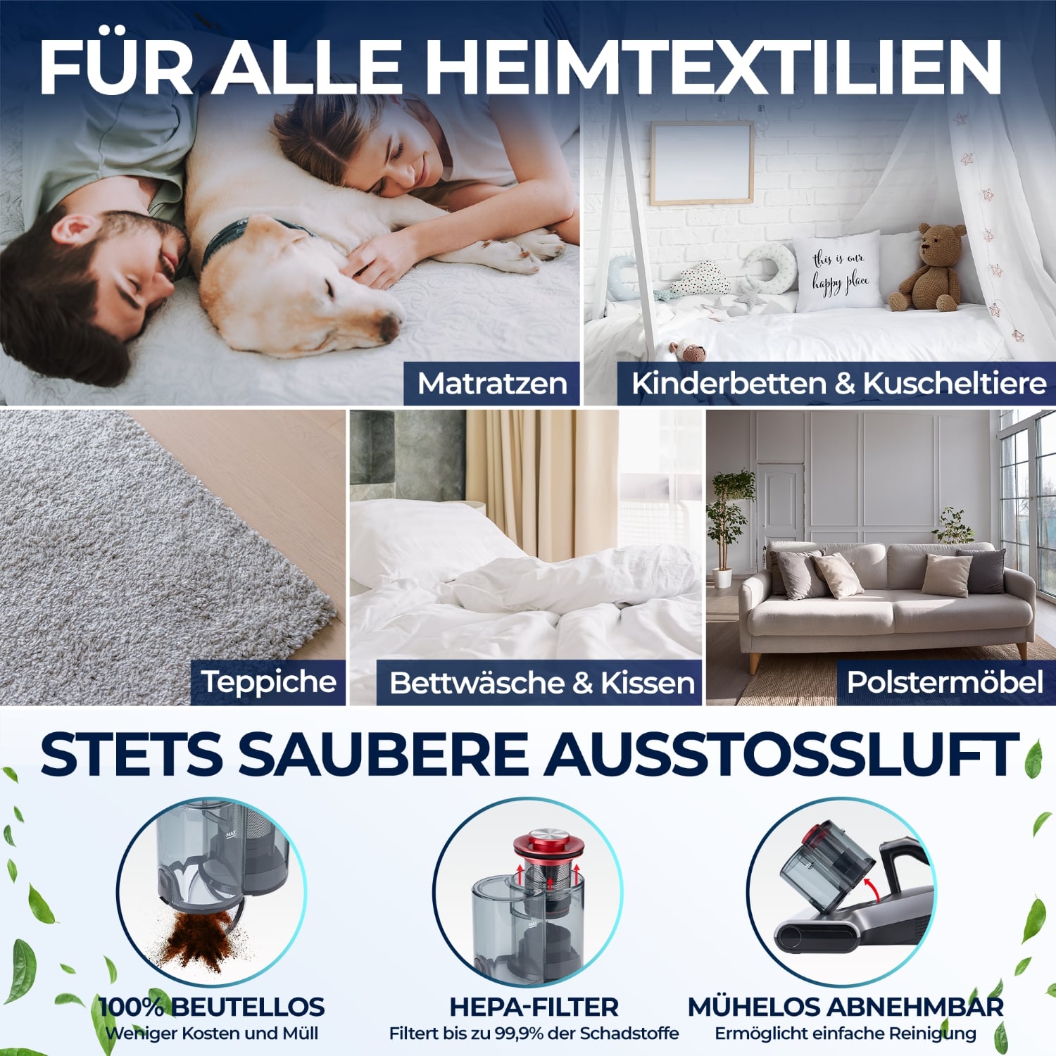 Milbenstaubsauger für alle Heimtextilien: Matratzen, Teppiche, Bettwäsche und saubere Ausstoßluft durch HEPA-Filter.