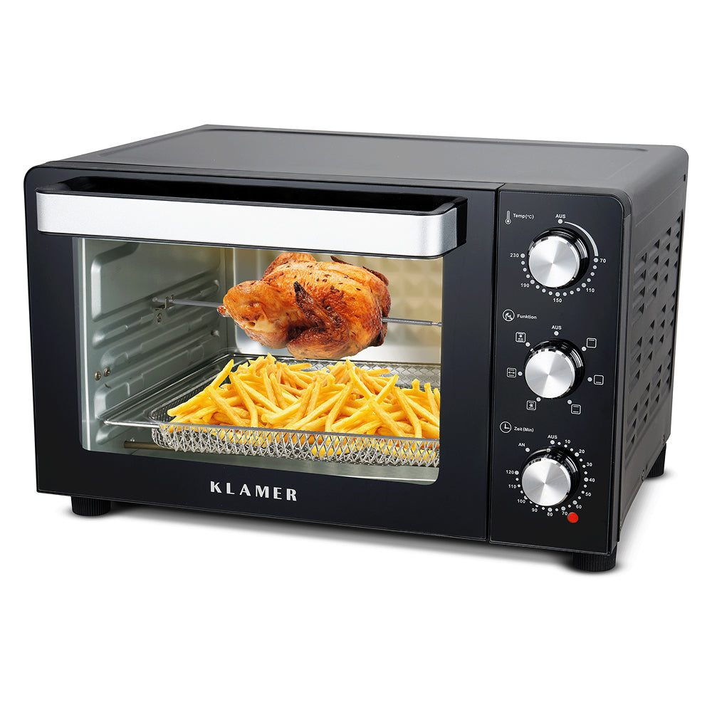 Mini-Backofen mit rotierenden Hähnchen und Pommes, platzsparend und vielseitig, 30 Liter Fassungsvermögen.