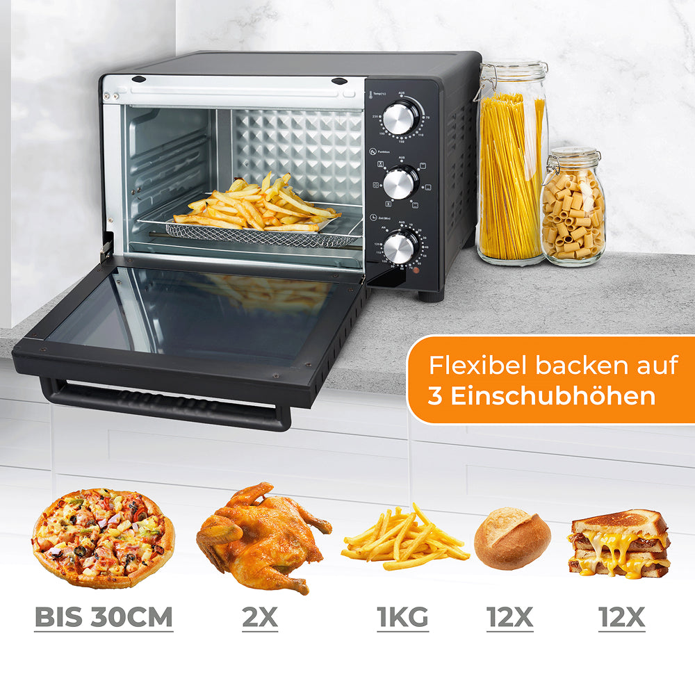 Mini-Backofen mit 30 Litern, vielseitig für viele Gerichte, 3 Drehregler, Innenlicht und verschiedene Heizarten.
