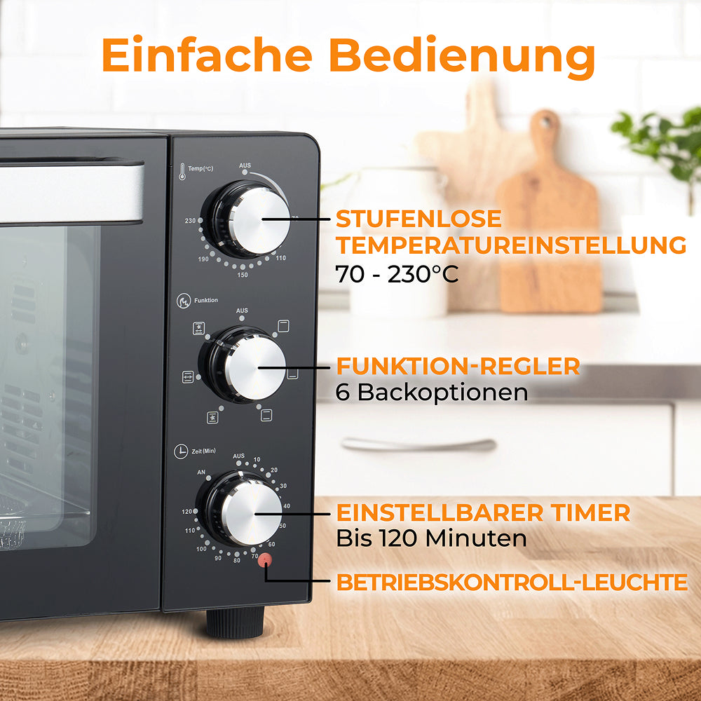 Mini-Backofen mit einfacher Bedienung, stufenloser Temperatureinstellung und einstellbarem Timer.