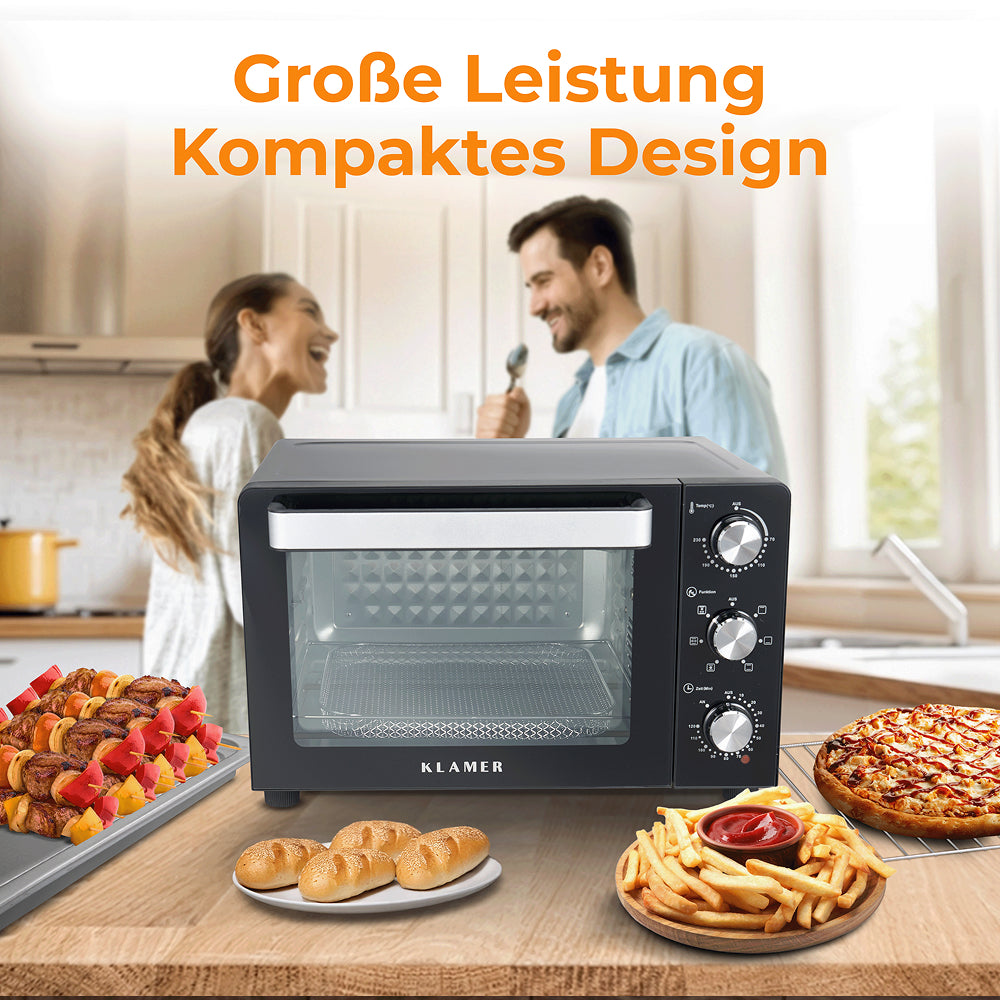 Mini-Backofen mit großem Innenraum und vielseitiger Nutzung, ideal zum Backen und Grillen.