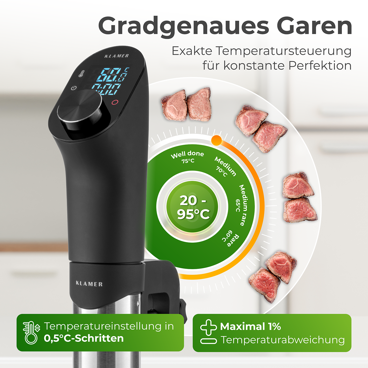 Sous Vide Stick mit digitaler Anzeige für präzise Temperaturkontrolle und konstante Gourmentechniken.