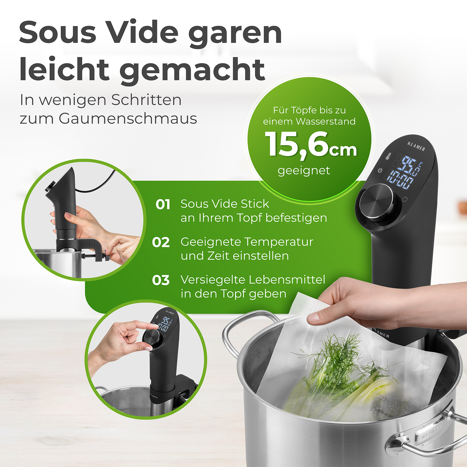 Schritt-für-Schritt-Anleitung zum Sous Vide Stick, der einfach zu bedienen ist und schonendes Garen ermöglicht.