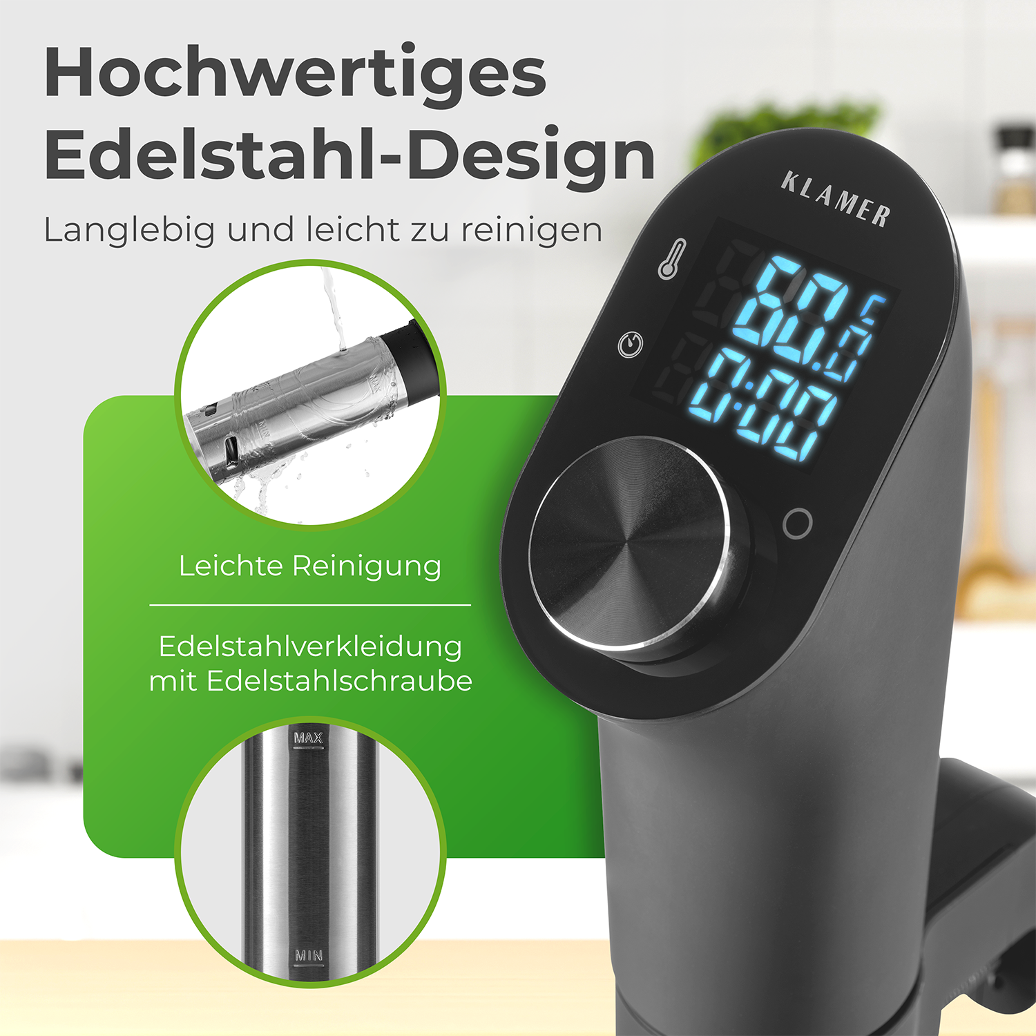 Sous Vide Stick mit hochwertigem Edelstahl-Design, digitaler Anzeige und leicht zu reinigendem Körper.