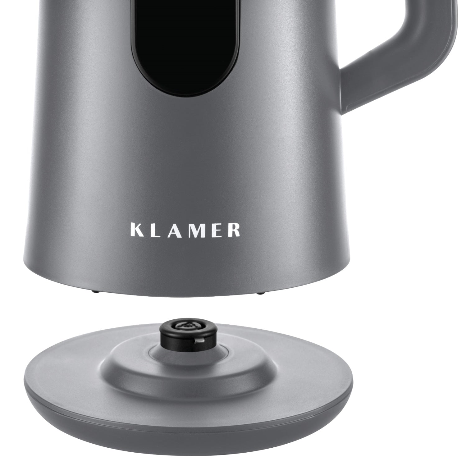 Wasserkocher 1.5 Liter in elegantem Grau mit abnehmbarer Basis für schnelles Erhitzen.
