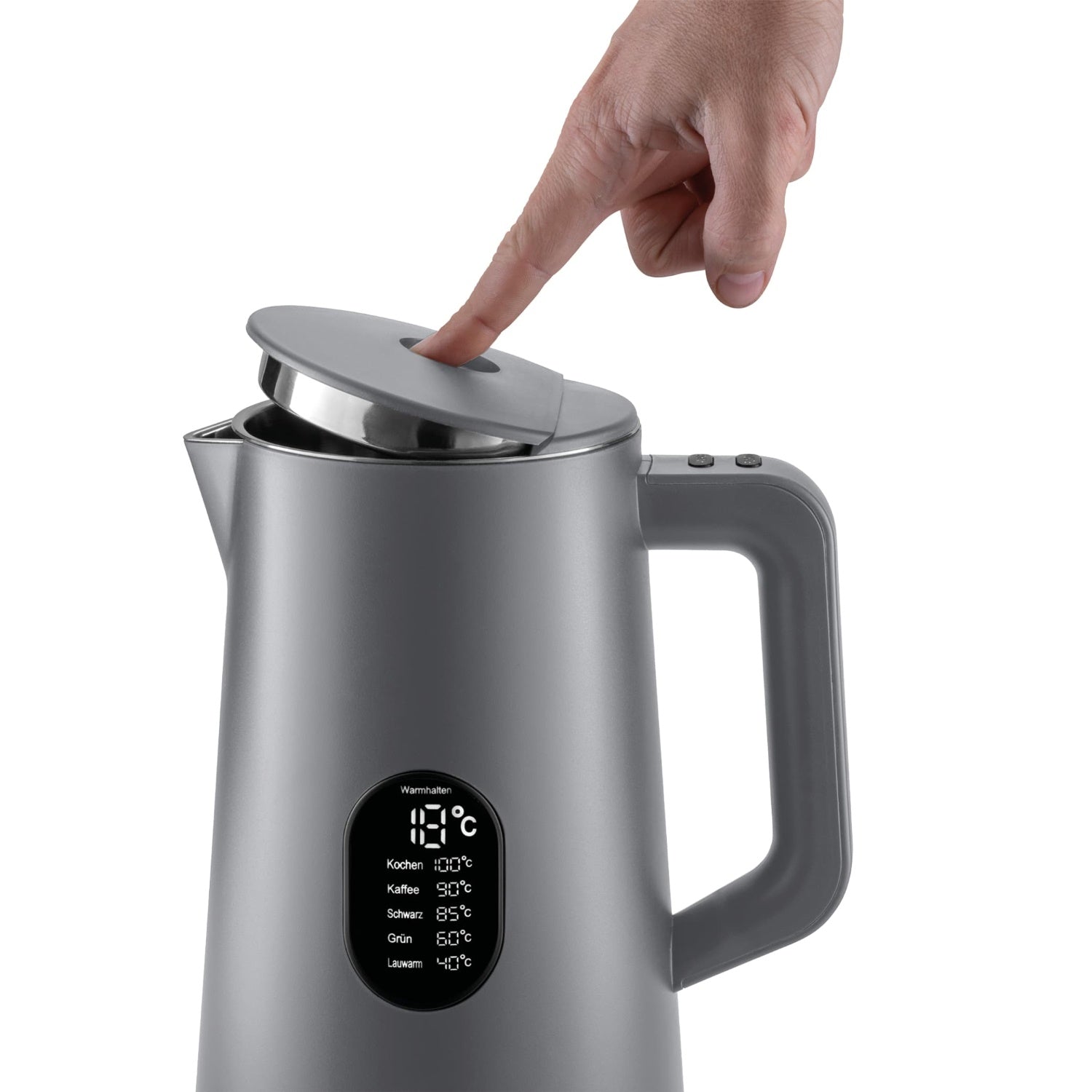 Wasserkocher 1.5 Liter mit finger auf Deckel, digitaler Temperaturanzeige und modernem Design.