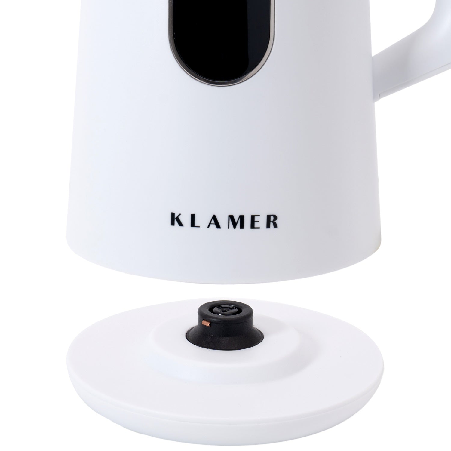 Wasserkocher 1.5 Liter von Klamer, elegantes Design in Weiß, Blick auf den Sockel.