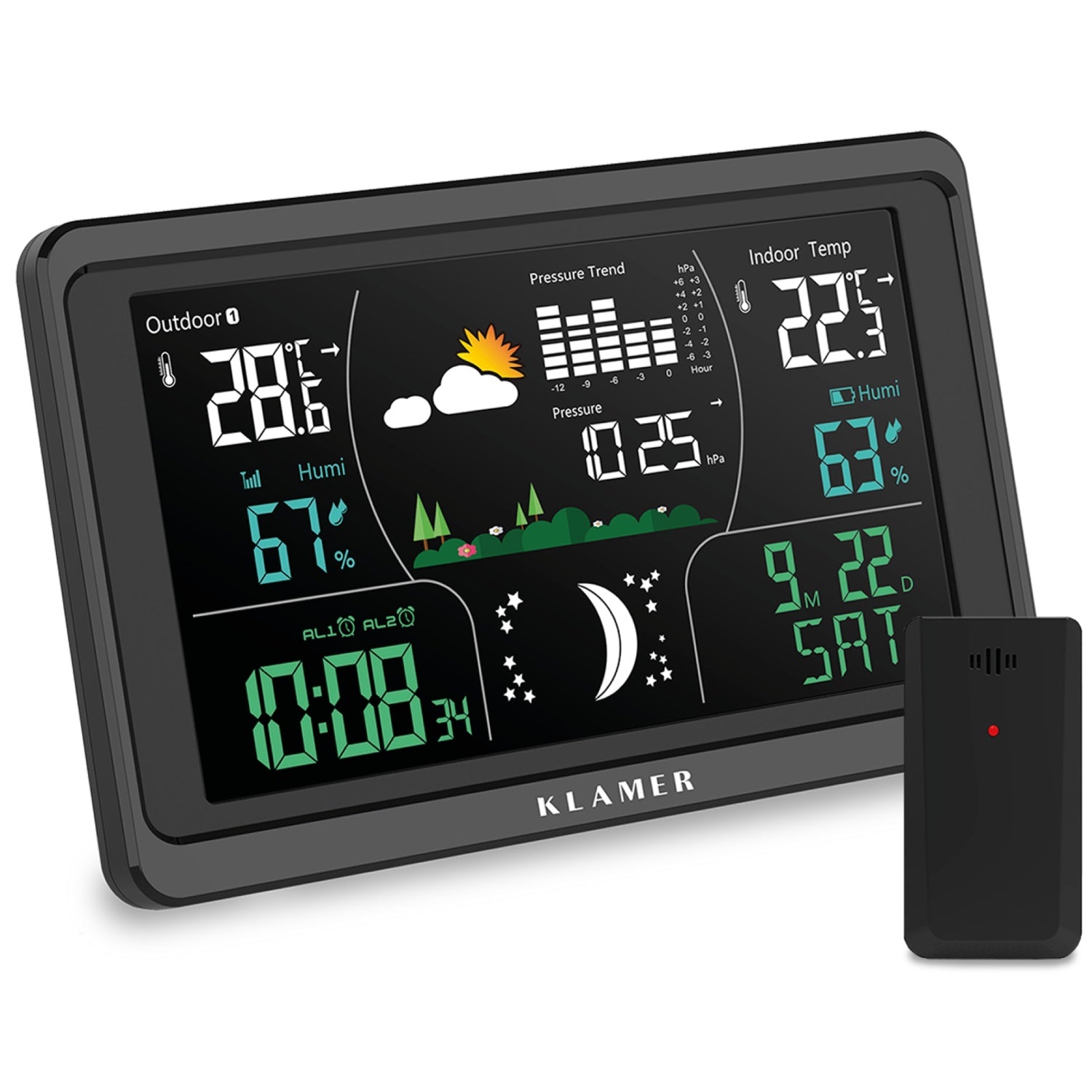 Wetterstation mit buntem Digital-Display zeigt präzise Wetterdaten wie Temperatur, Luftfeuchtigkeit und Druck.