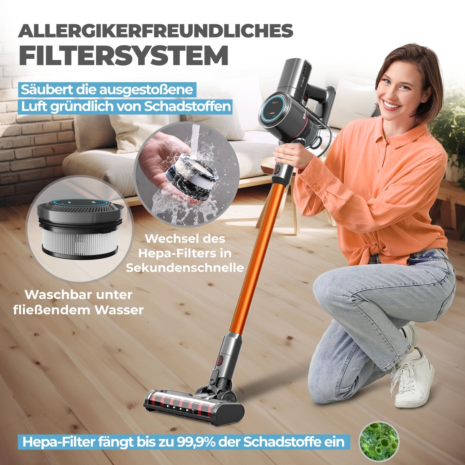 Akkustaubsauger 420 Orange mit allergikerfreundlichem Filtersystem und Waschbarer Hepa-Filter für saubere Luft.