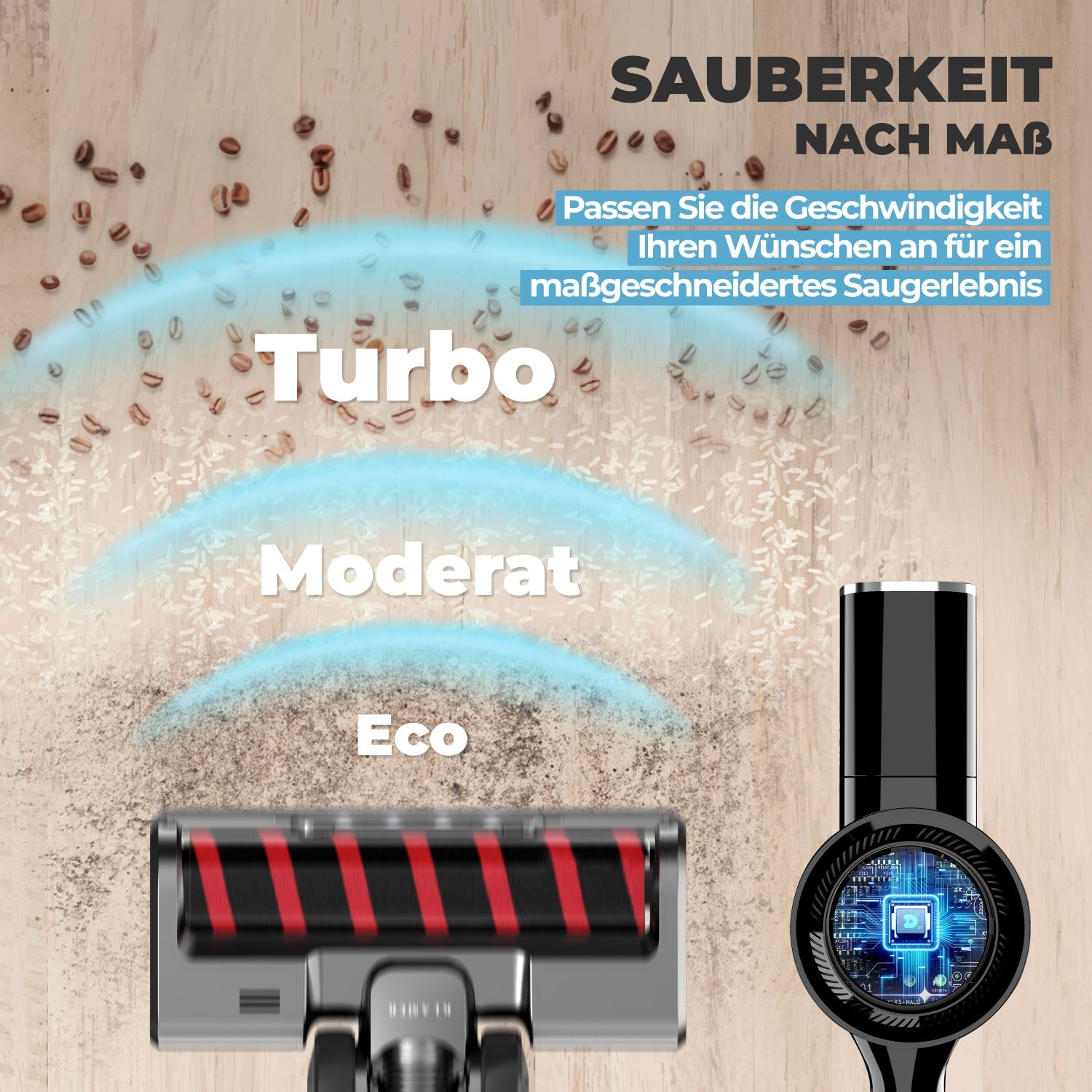 Akkustaubsauger 420 Orange mit verschiedenen Saugstärken: Turbo, Moderat und Eco auf Holzfläche.