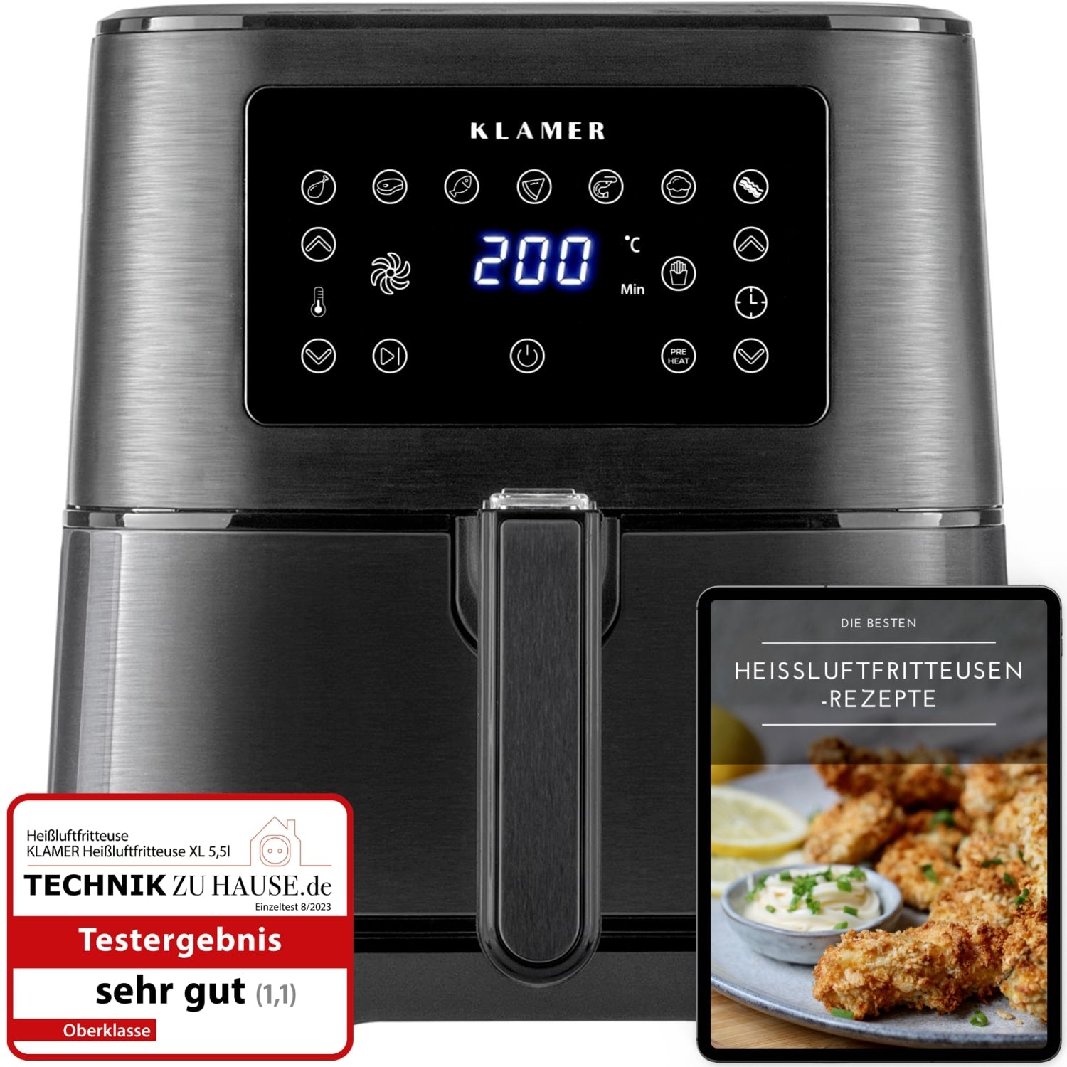 Heißluftfritteuse XL 5.5L Schwarz mit digitaler LED-Anzeige und Rezeptbuch, hochwertige Leistung.