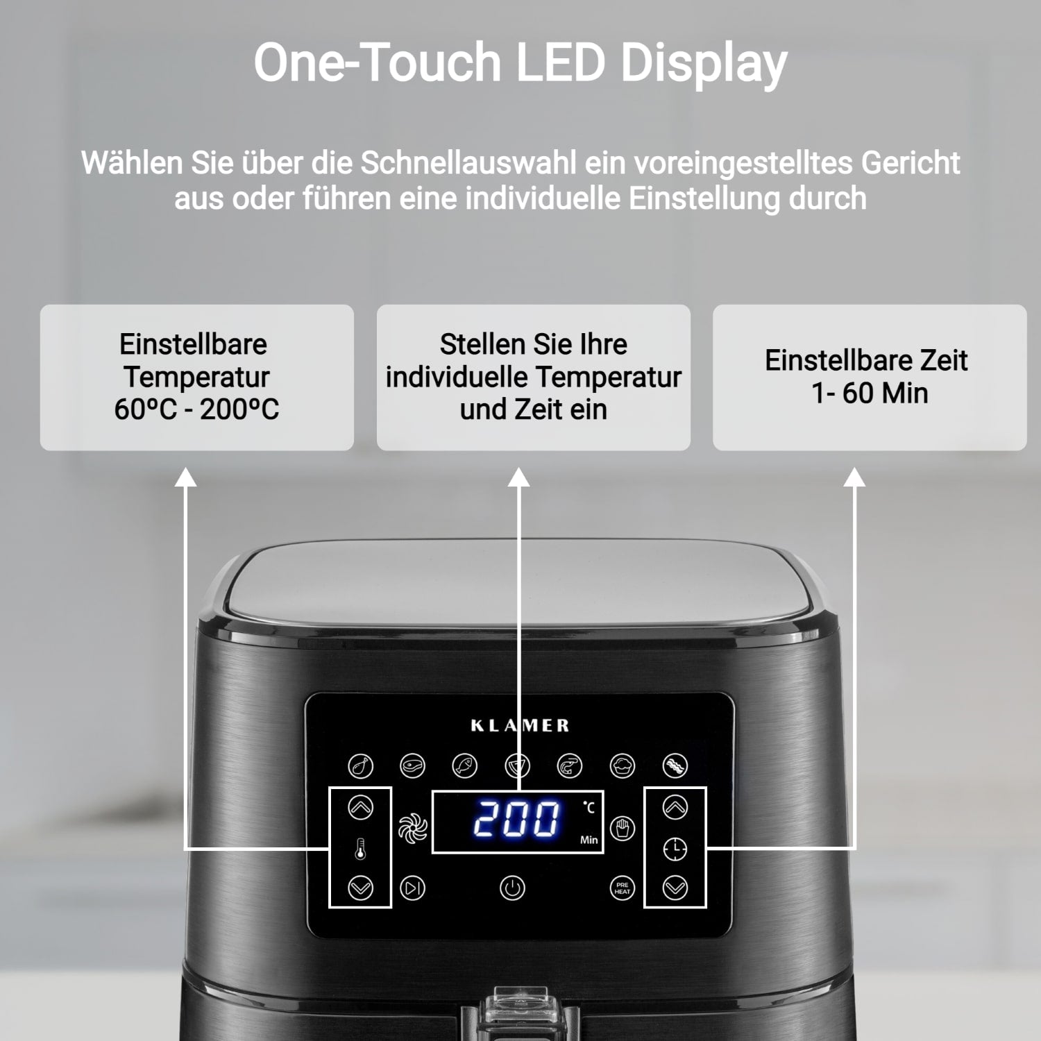 Heißluftfritteuse XL 5.5L Schwarz mit One-Touch LED Display zur einfachen Temperatur- und Zeiteinstellung.