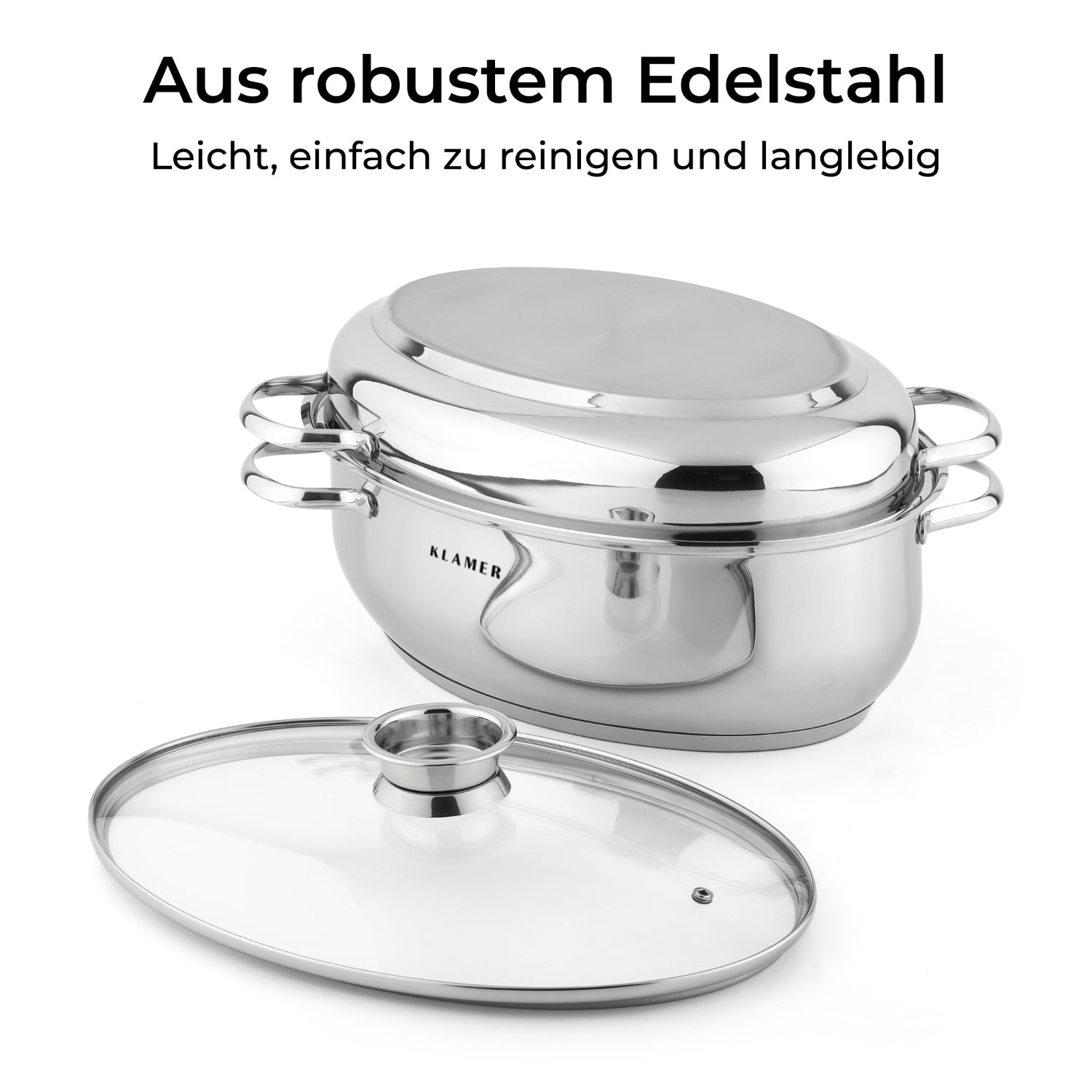 Edelstahl-Bräter aus robustem Edelstahl, leicht zu reinigen und langlebig, inkl. Deckelpfanne.