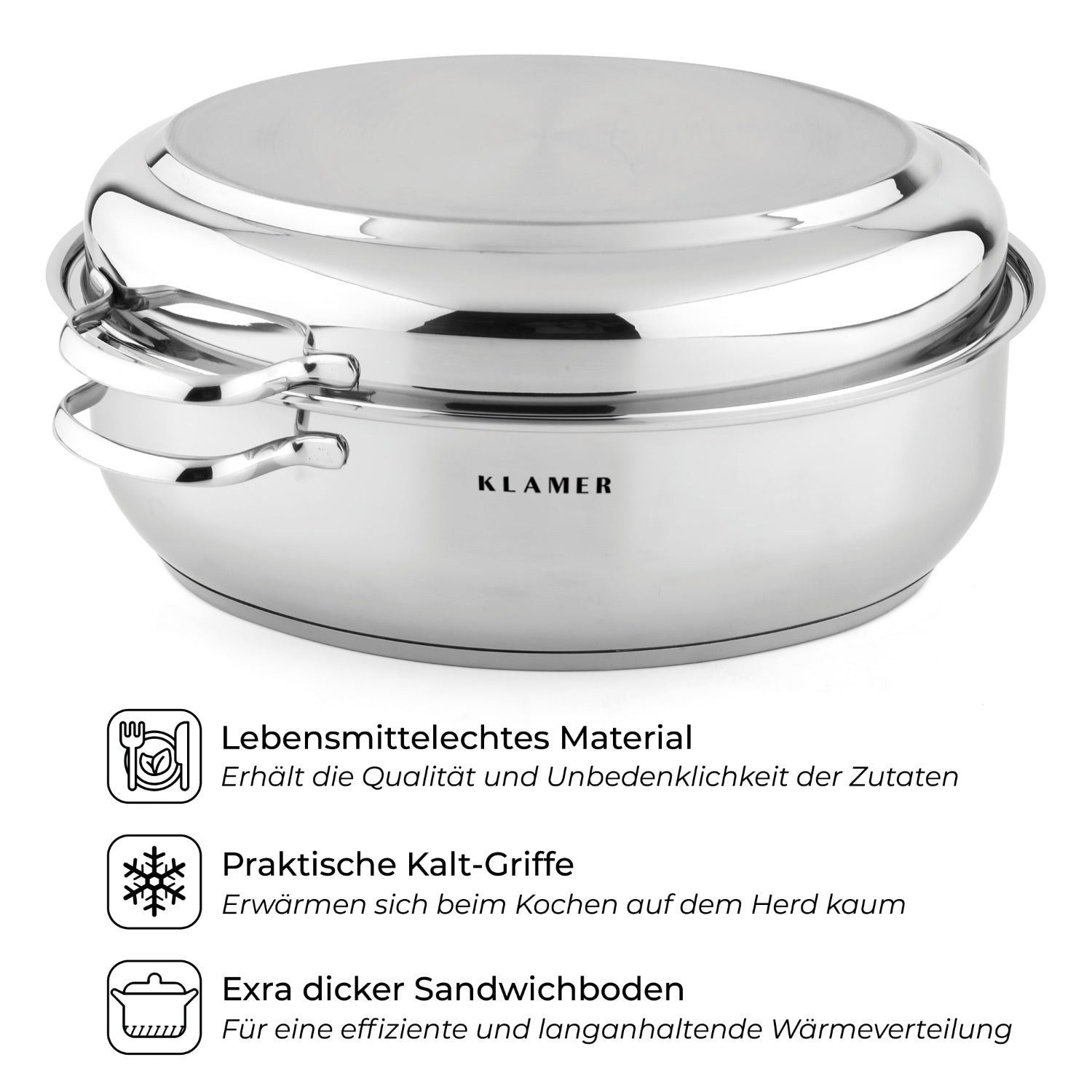 Edelstahl-Bräter von KLAMER mit Deckel und Kalt-Griffen, ideal für verschiedene Herdarten und vielseitige Anwendungen.