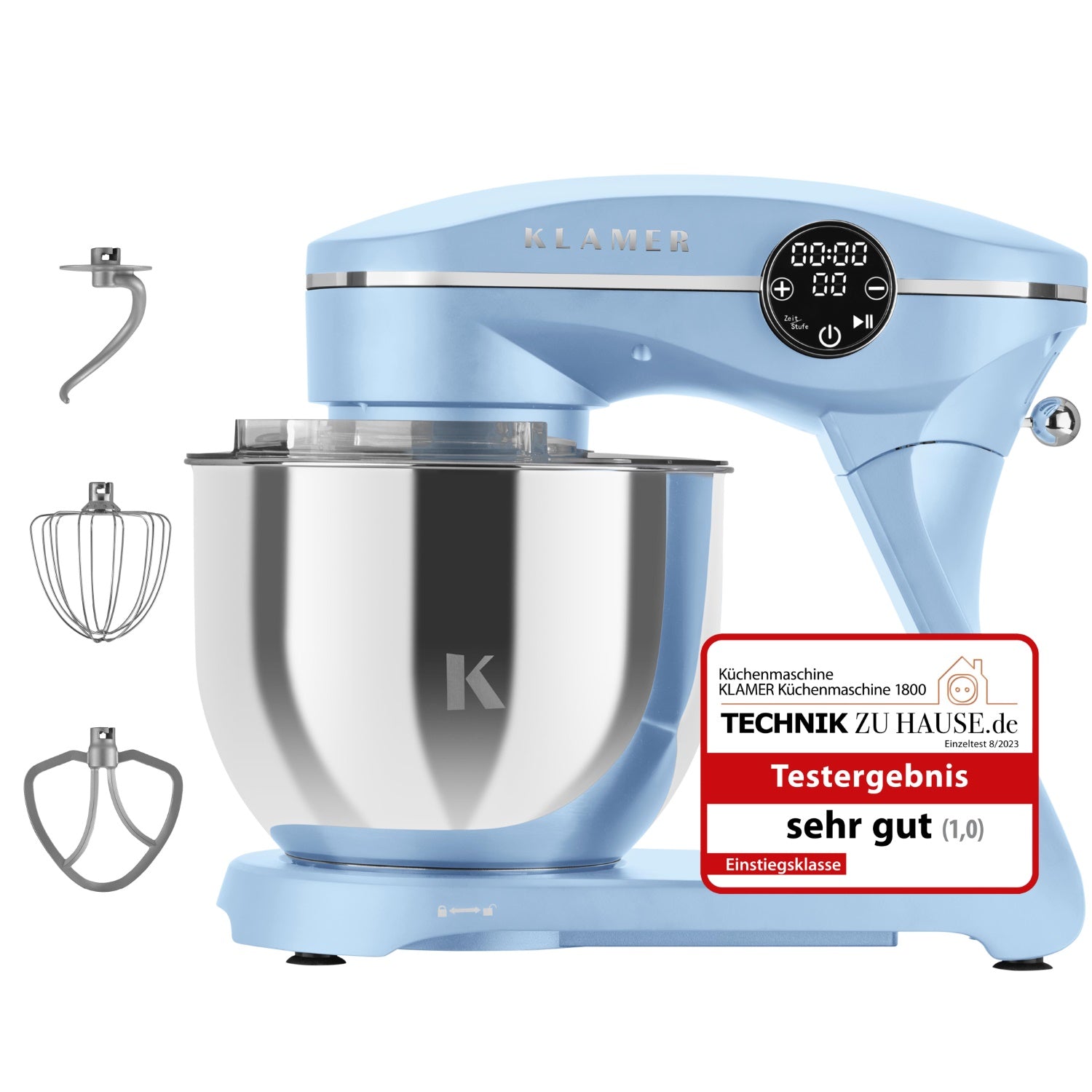 Küchenmaschine Klamer 1800 Watt in Blau mit Zubehör und Testergebnis sehr gut