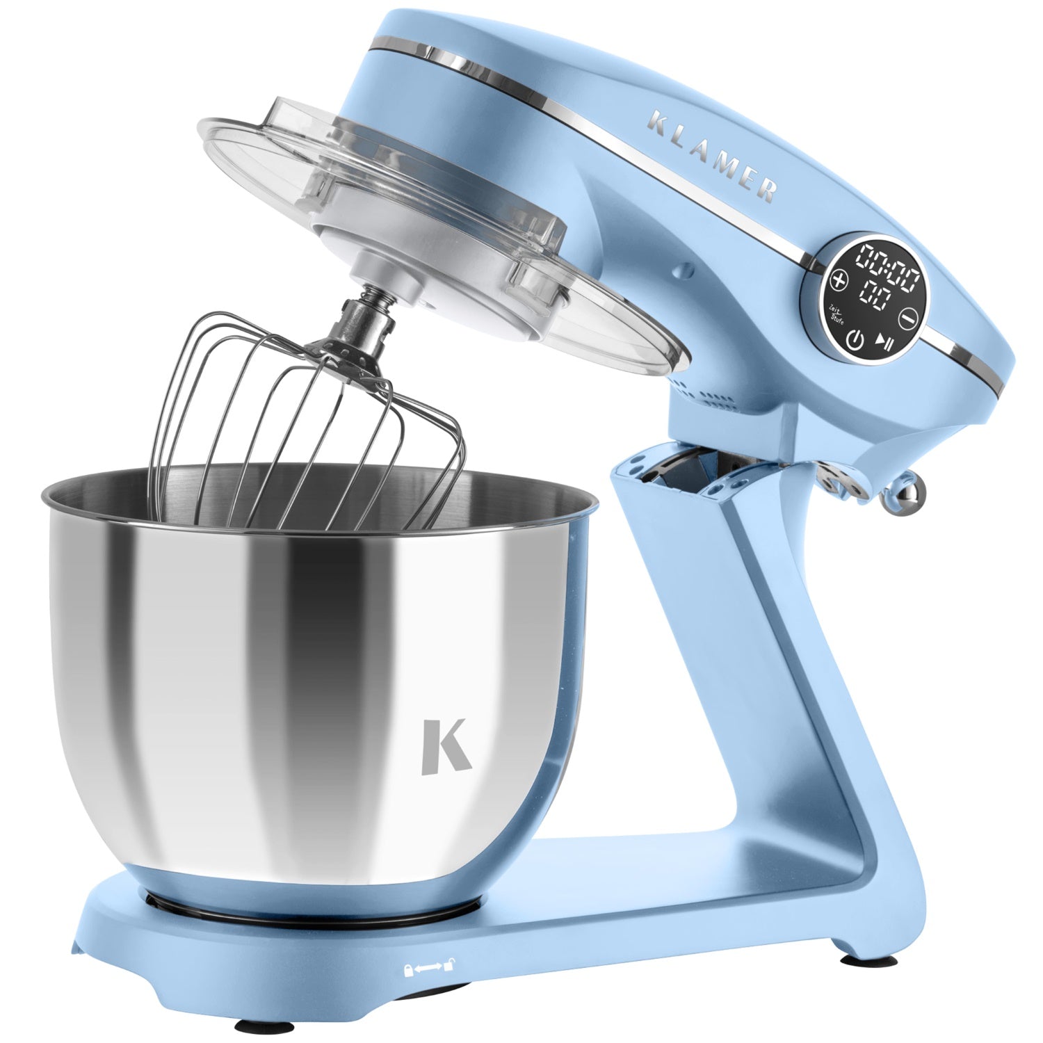 Küchenmaschine in blauer Farbe mit Rührbesen und Edelstahl-Schüssel für vielseitige Zubereitungen.