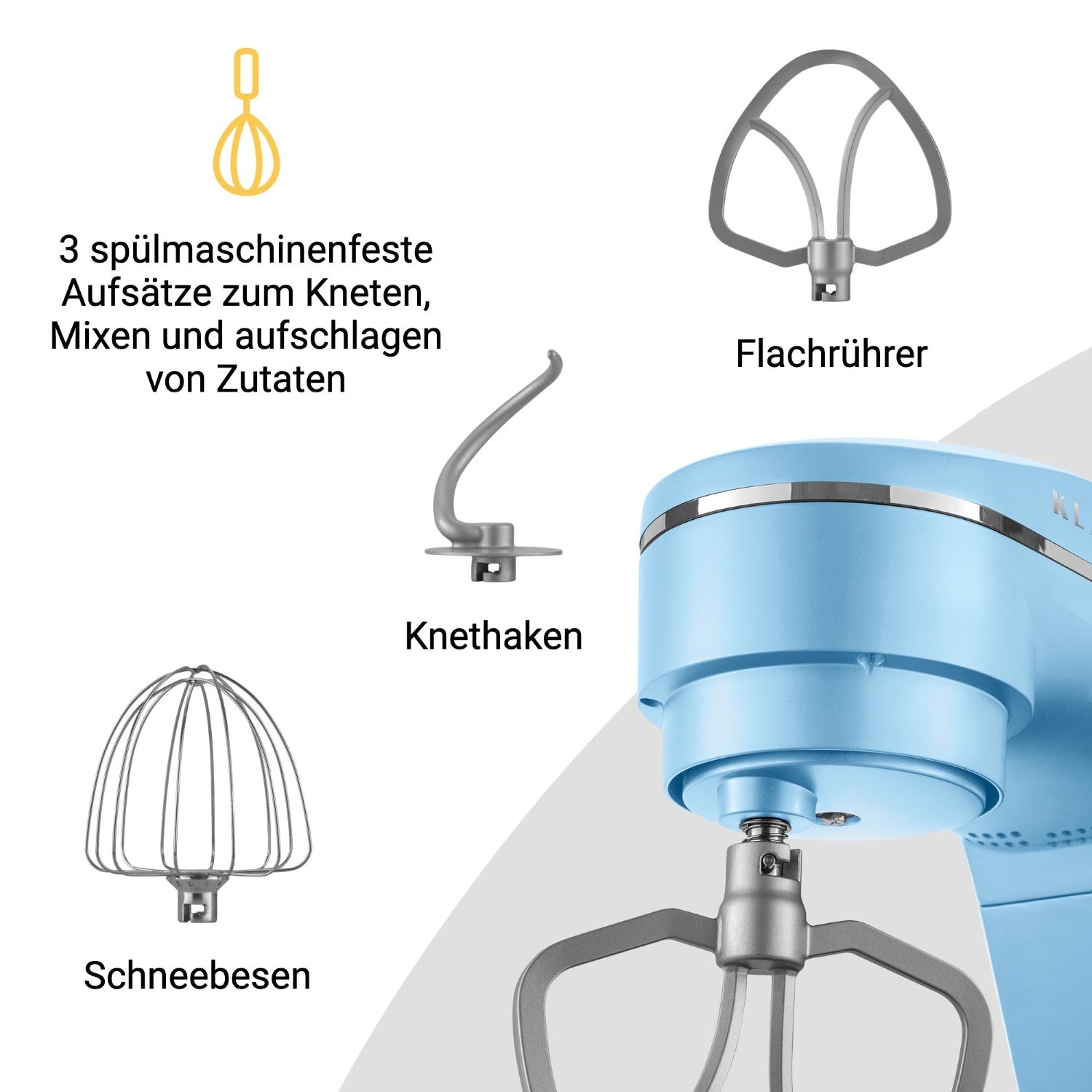 Küchenmaschine mit 3 spülmaschinenfesten Aufsätzen zum Kneten, Mixen und Aufschlagen von Zutaten