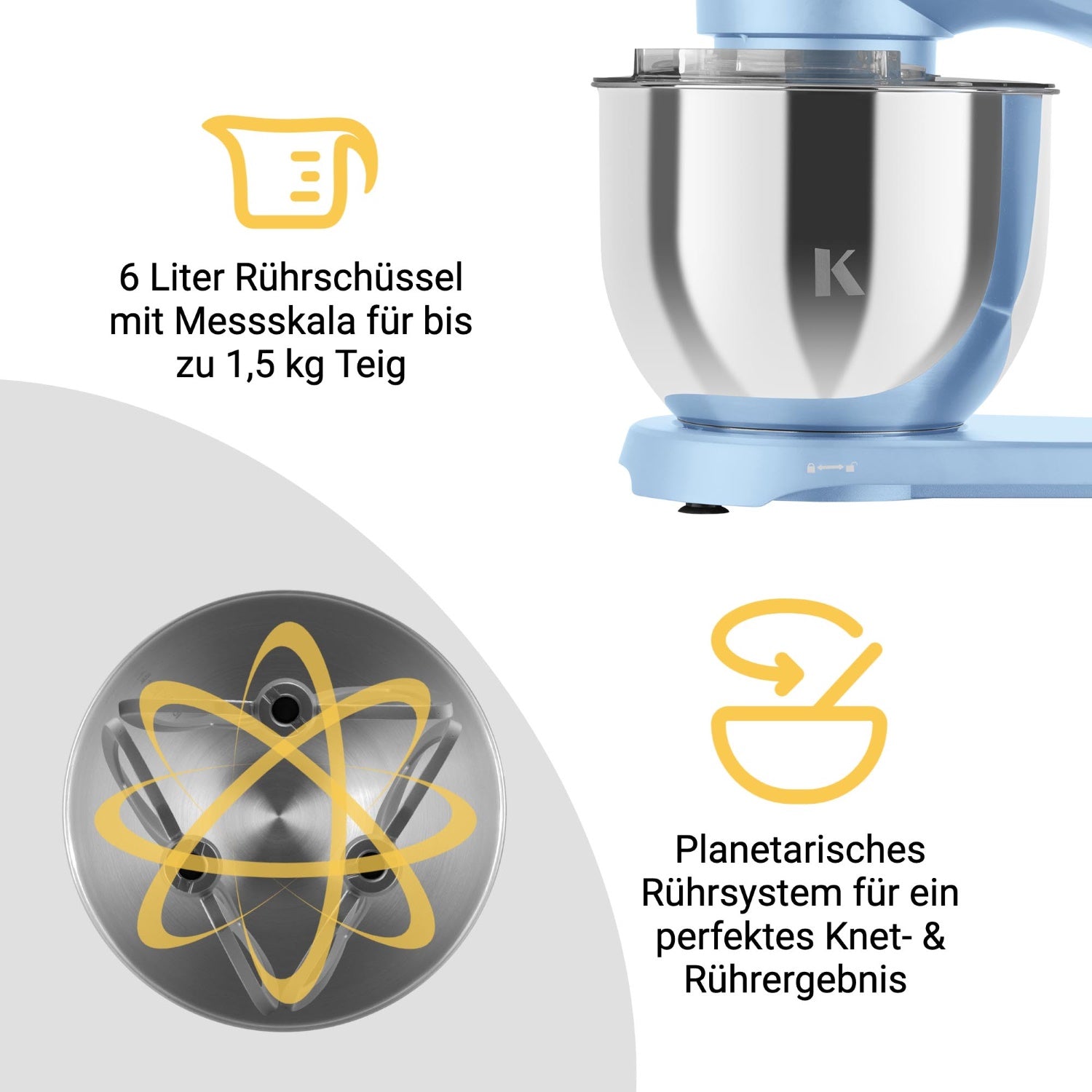 Küchenmaschine mit 6 Liter Rührschüssel und planetarischem Rührsystem für perfektes Knet- und Rührergebnis