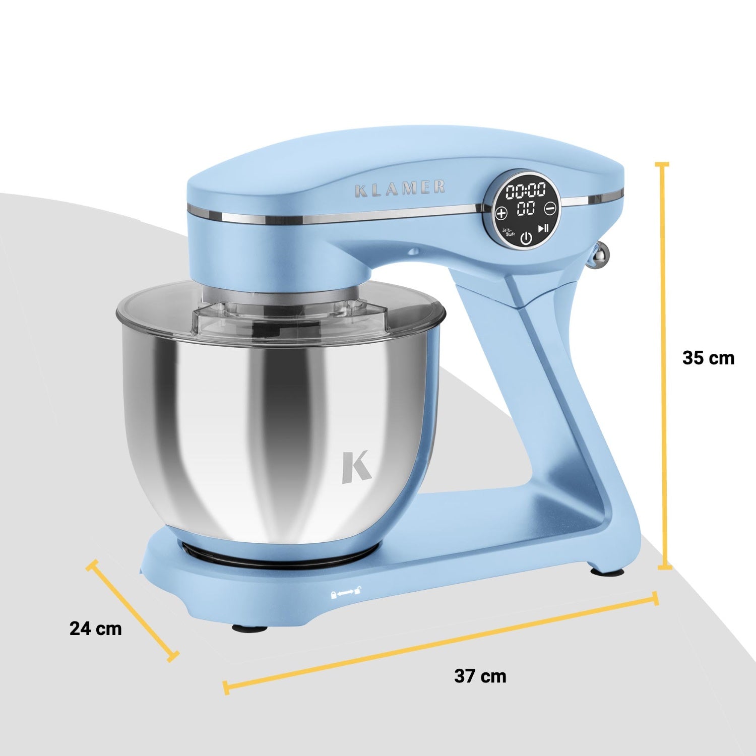 Küchenmaschine in Blau mit 1800 Watt Motor und 7,6 kg Fassungsvermögen, ideal für Großfamilien.
