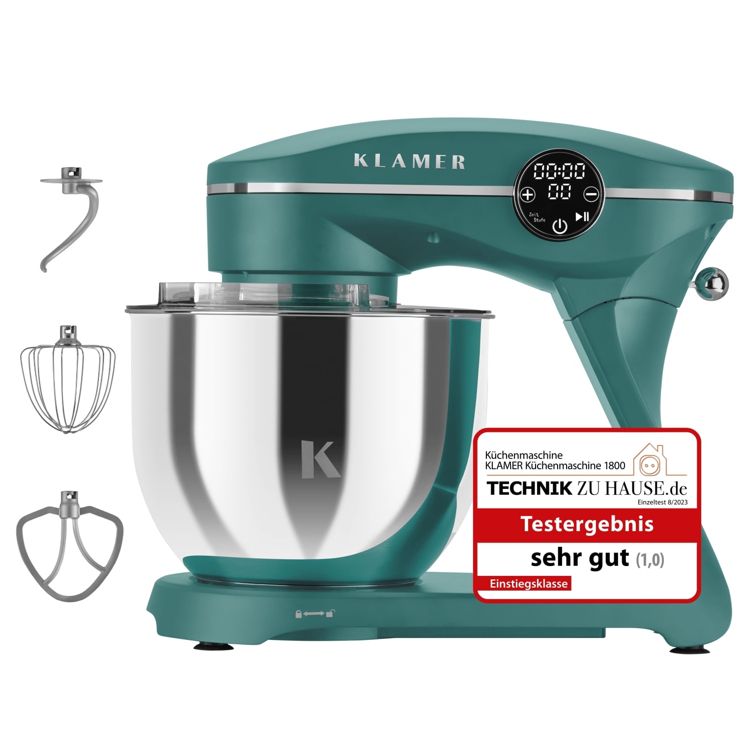 Küchenmaschine Klamer mit 1800 Watt, 7,6 kg Fassungsvermögen und Zubehör für einfache Teigzubereitung.
