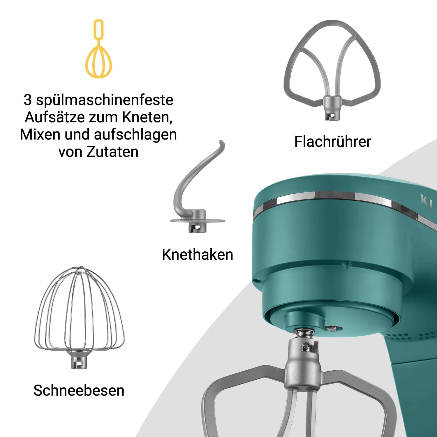 Küchenmaschine mit 3 spülmaschinenfesten Aufsätzen zum Kneten, Mixen und Aufschlagen von Zutaten
