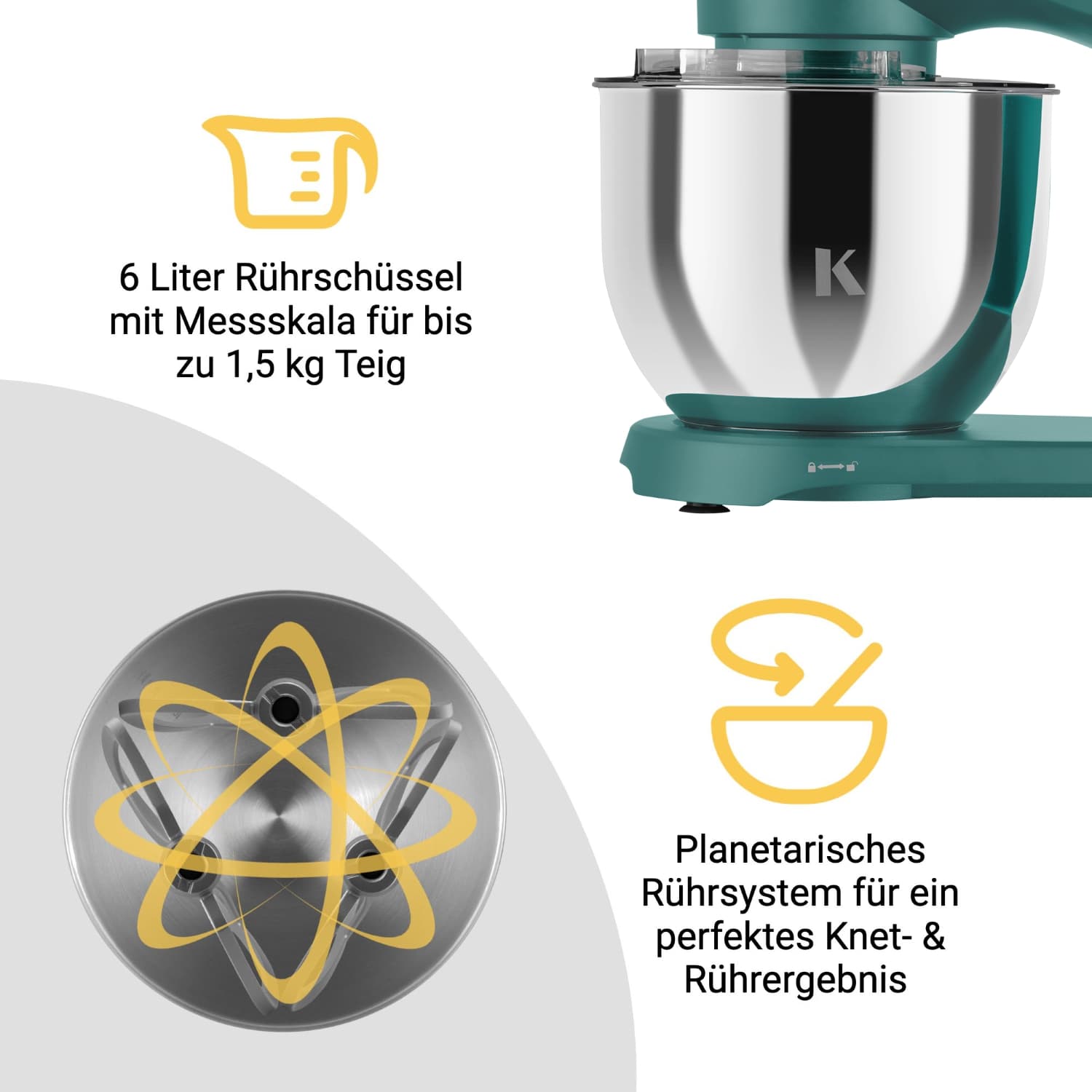 Küchenmaschine mit 6 Liter Rührschüssel und planetarischem Rührsystem für perfektes Knet- und Rührergebnis.