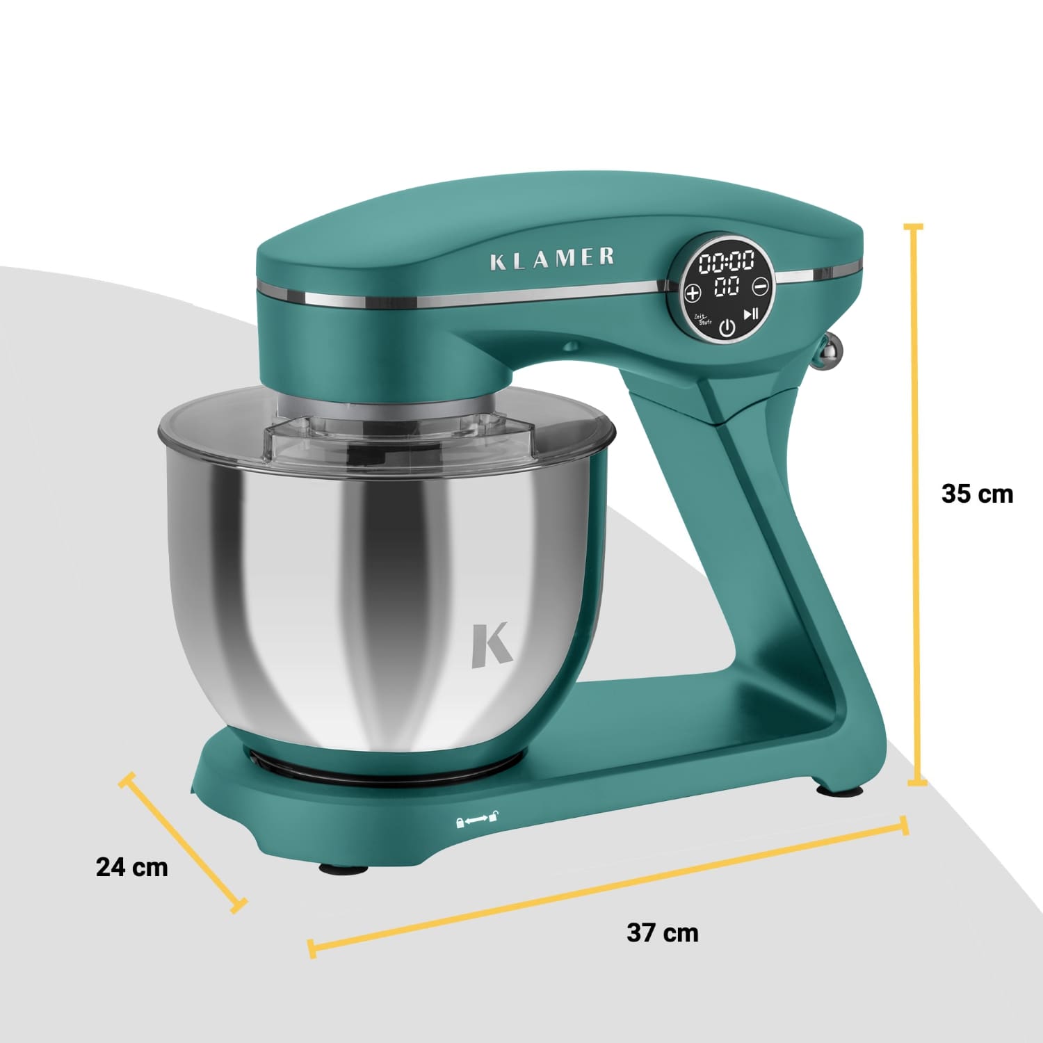 Küchenmaschine in mintgrün mit 1800 Watt Motor, 7,6 kg Kapazität und modernem Design, ideal für Familienzubereitungen.