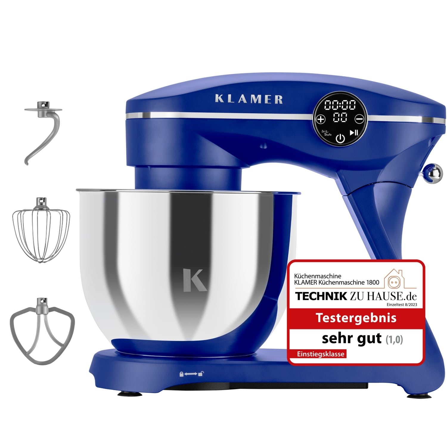Küchenmaschine Klamer mit 1800 Watt Motor, 6 Liter Schüssel und Zubehörteilen für einfache Teigzubereitung.