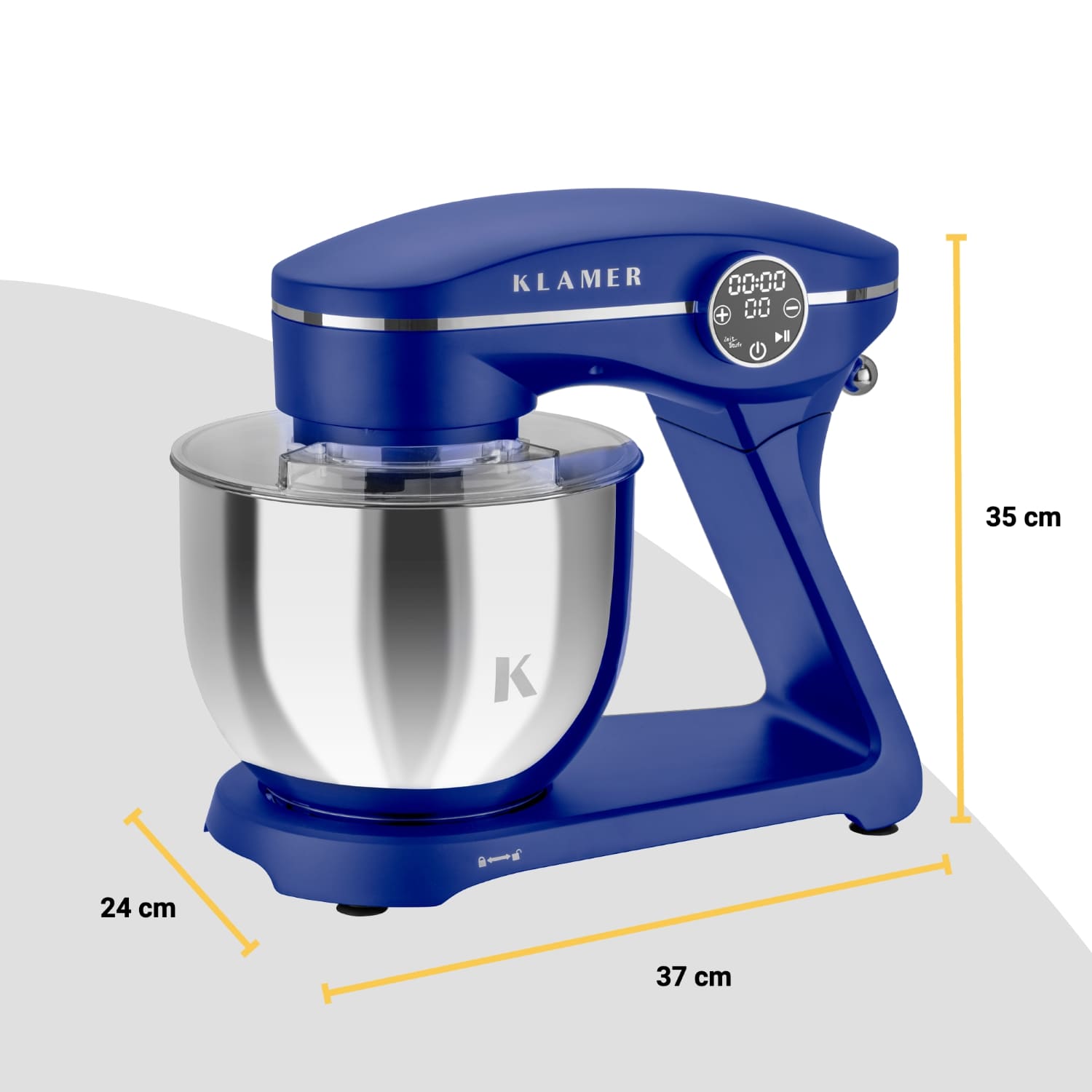 Küchenmaschine in blau mit Edelstahl-Rührschüssel und 1800 Watt Motor, für Familien geeignet.