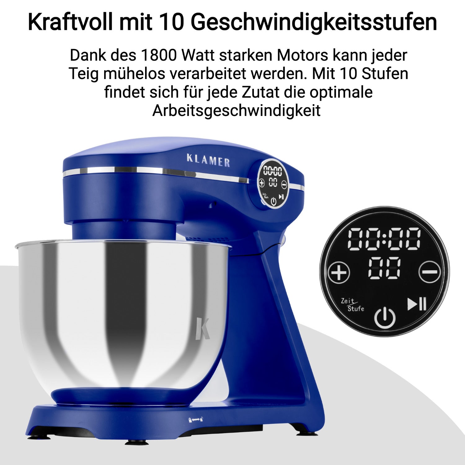 Küchenmaschine in Blau mit 1800 Watt Motor und 10 Geschwindigkeitsstufen für einfache Teigzubereitung.
