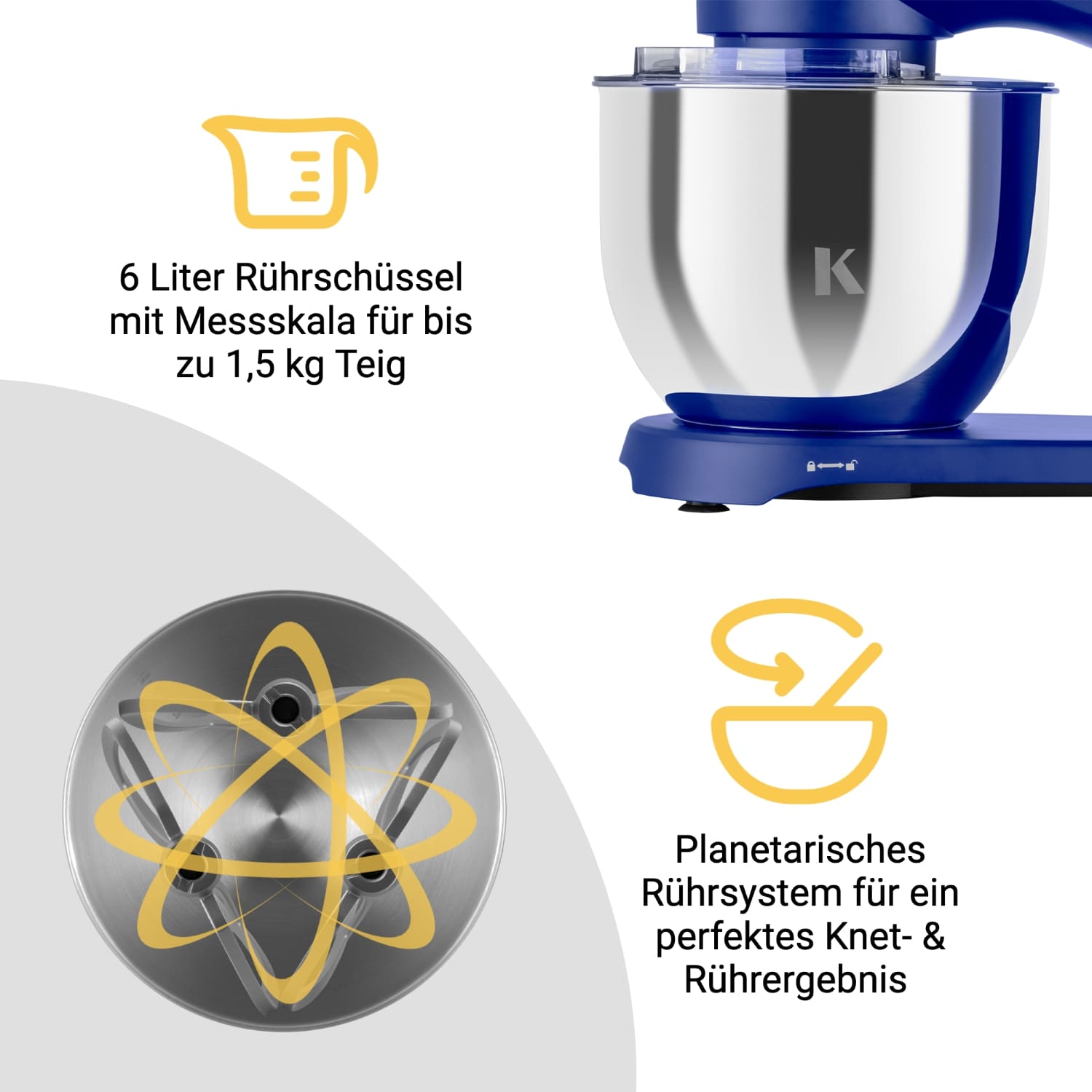 Küchenmaschine mit 6 Litern Rührschüssel, ideal für bis zu 1,5 kg Teig und planetarisches Rührsystem für perfekte Ergebnisse.