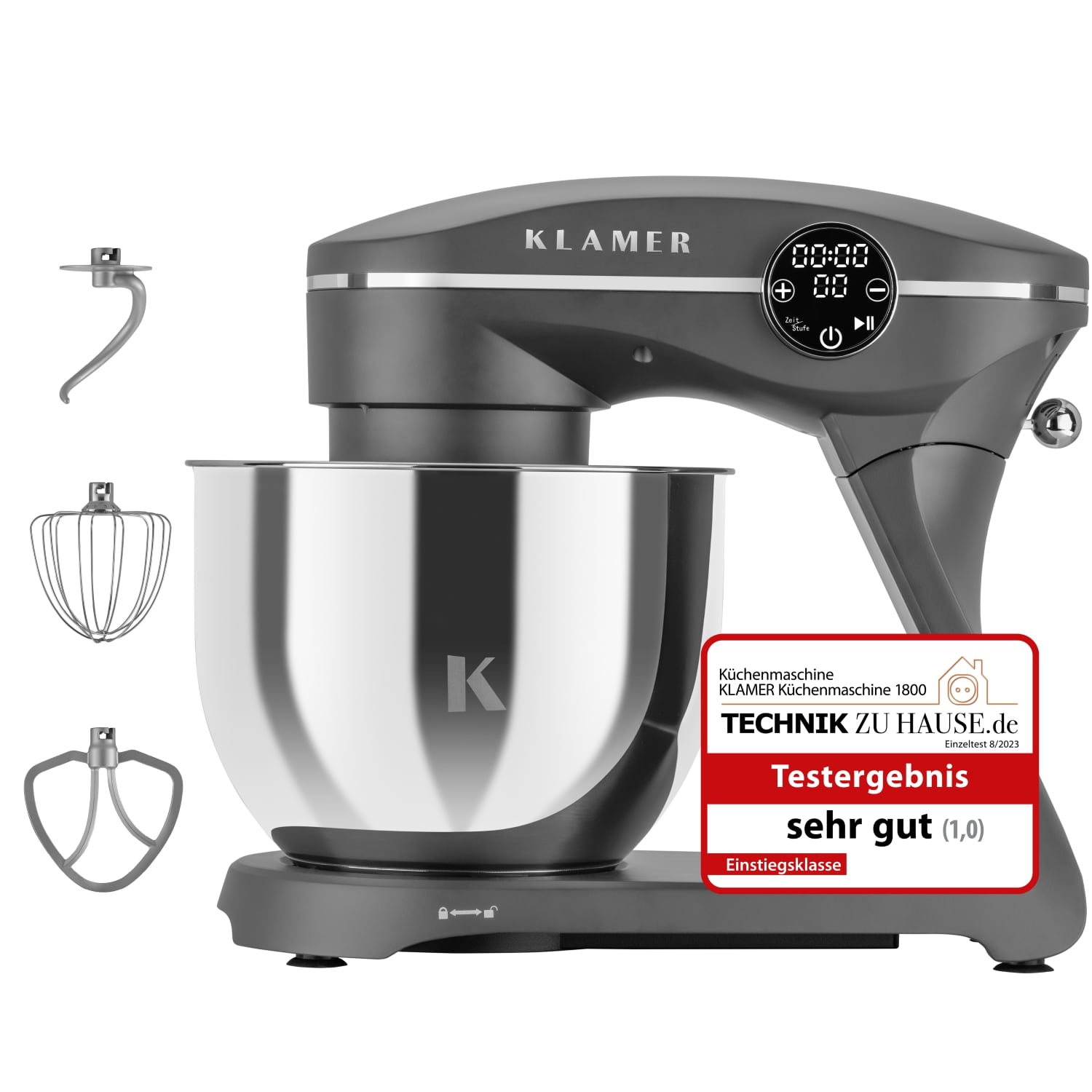 Küchenmaschine Klamer 1800 Watt mit 6 Liter Schüssel und Zubehör für optimale Teigzubereitung.