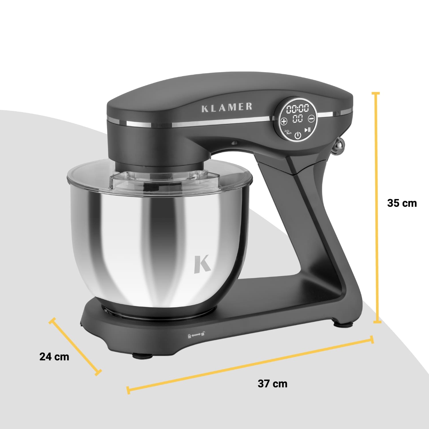 Küchenmaschine Klamer mit 1800 Watt Motor und 6 Liter Schüssel für leistungsstarkes und familientaugliches Kochen.