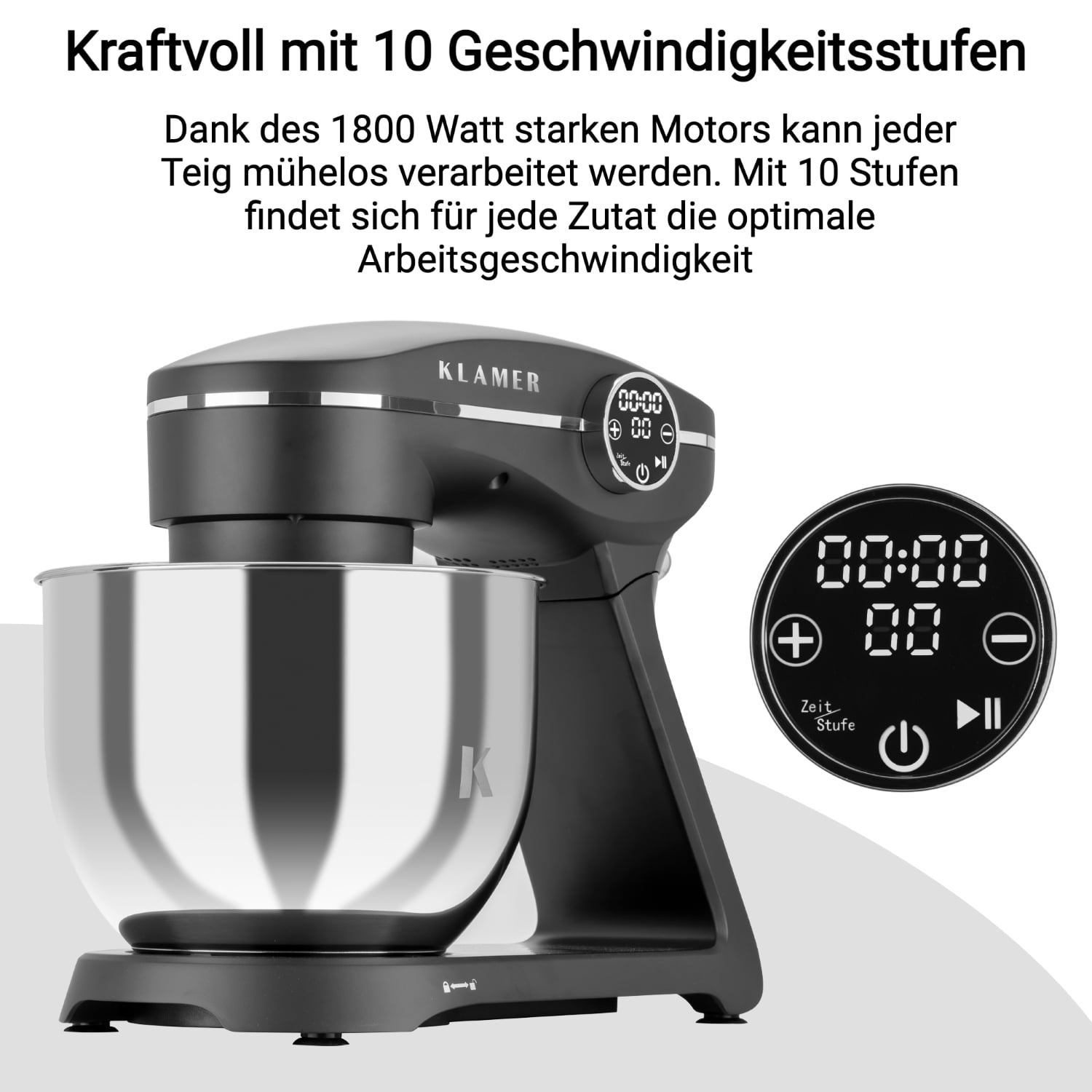 Küchenmaschine mit 1800 Watt Motor und 10 Geschwindigkeitsstufen für müheloses Teigverarbeiten.