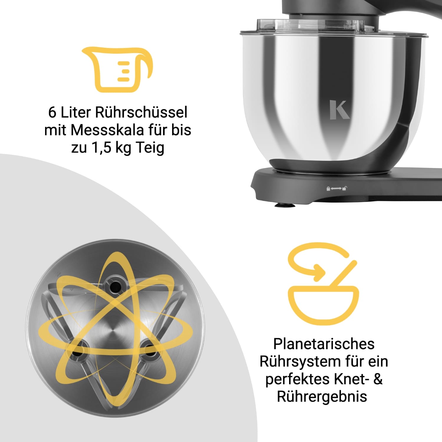 Küchenmaschine mit 6 Litern Rührschüssel und planetarischem Rührsystem für perfektes Knet- und Rühregebnis.