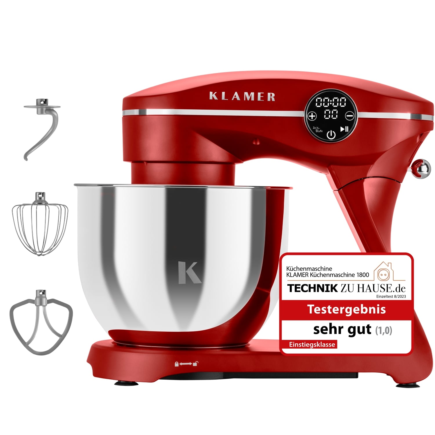 Küchenmaschine Klamer 1800 Watt mit Zubehör und Edelstahl-Schüssel für große Familien.