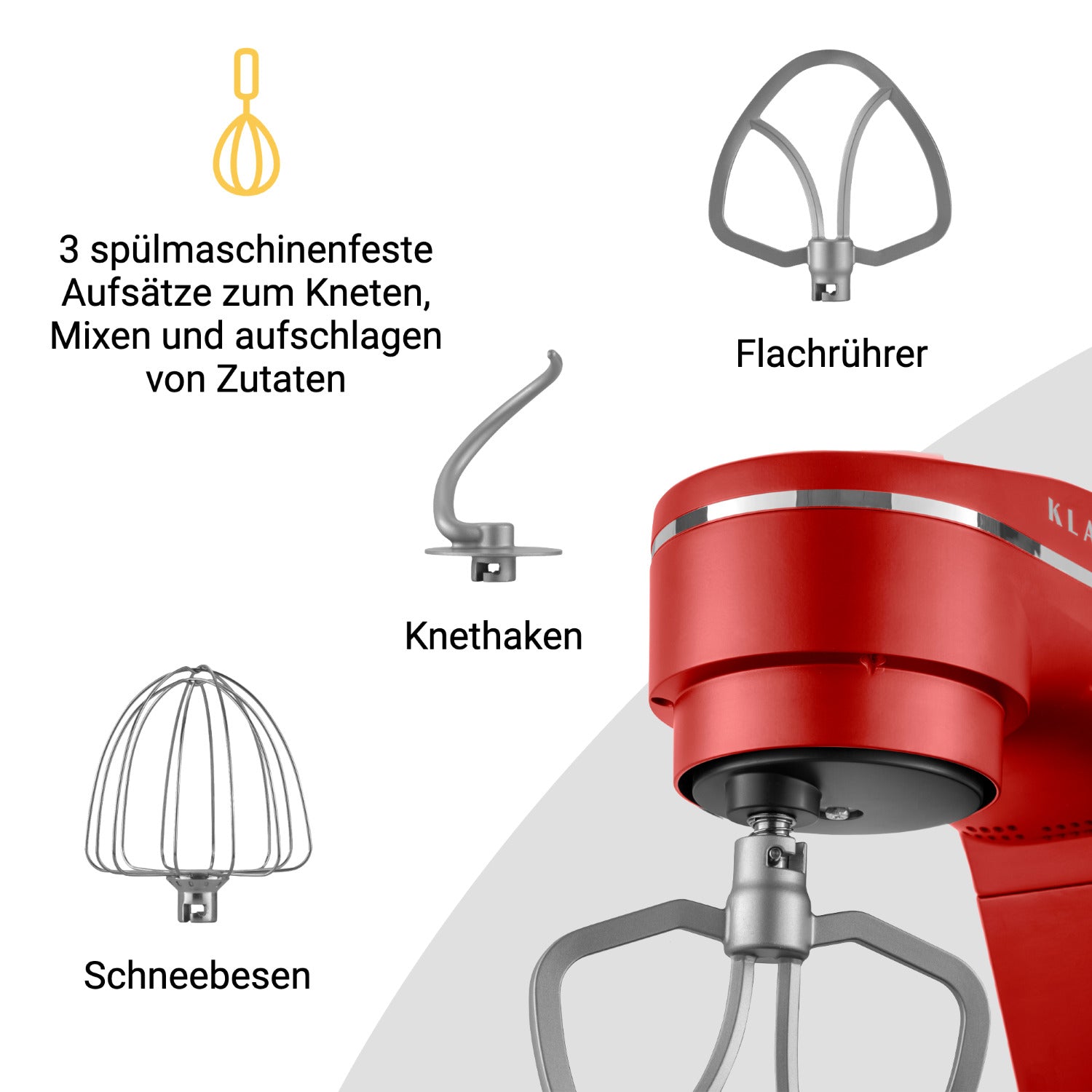 Küchenmaschine mit 3 spülmaschinenfesten Aufsätzen zum Kneten, Mixen und Aufschlagen von Zutaten