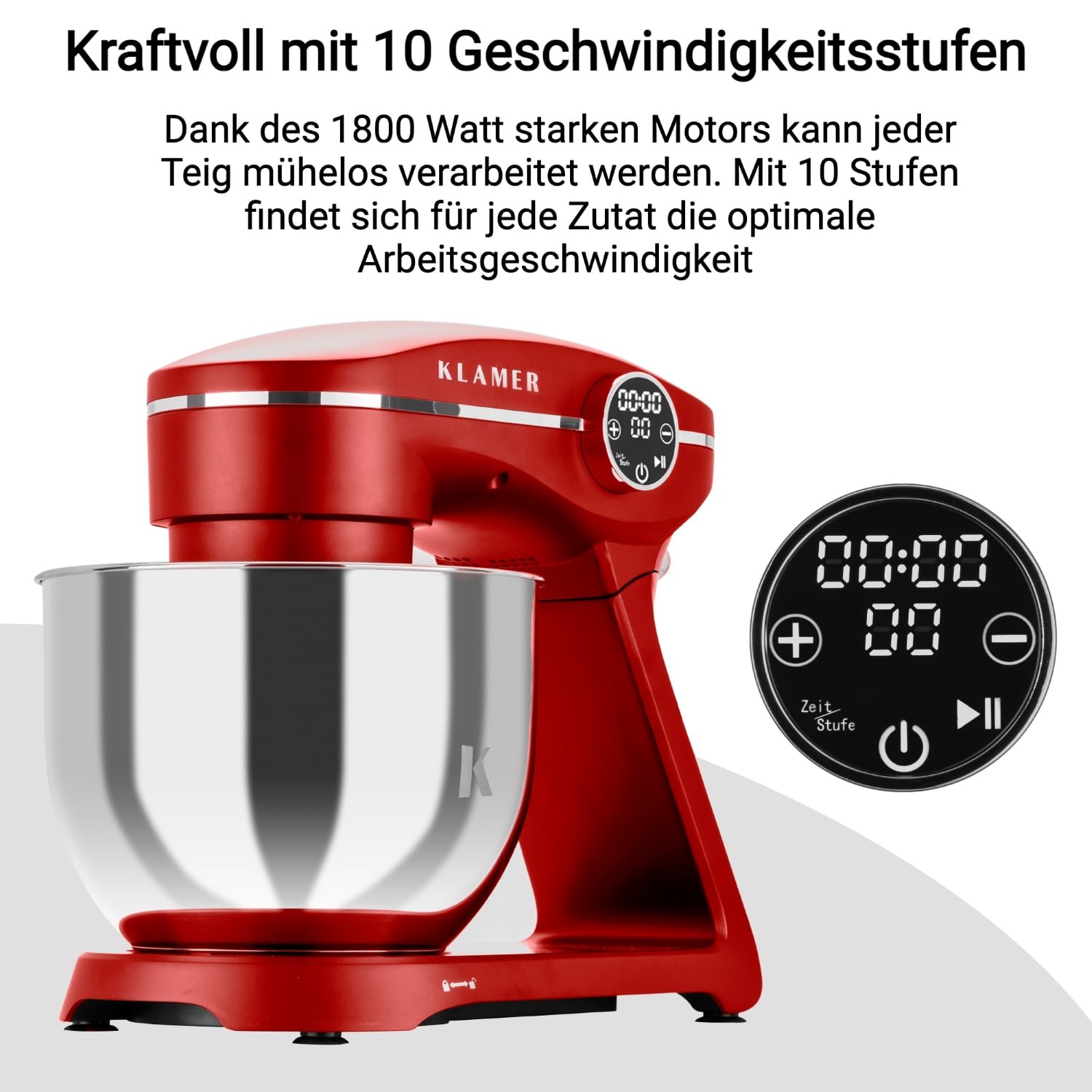 Küchenmaschine in Rot mit 1800 Watt Motor und 10 Geschwindigkeitsstufen für müheloses Teigverarbeiten.