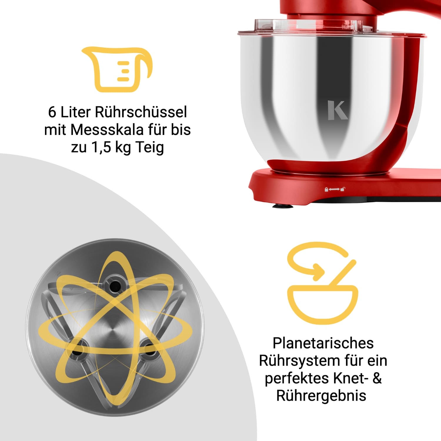 Küchenmaschine mit 6 Liter Rührschüssel und planetarischem Rührsystem für perfektes Knet- und Rührergebnis.