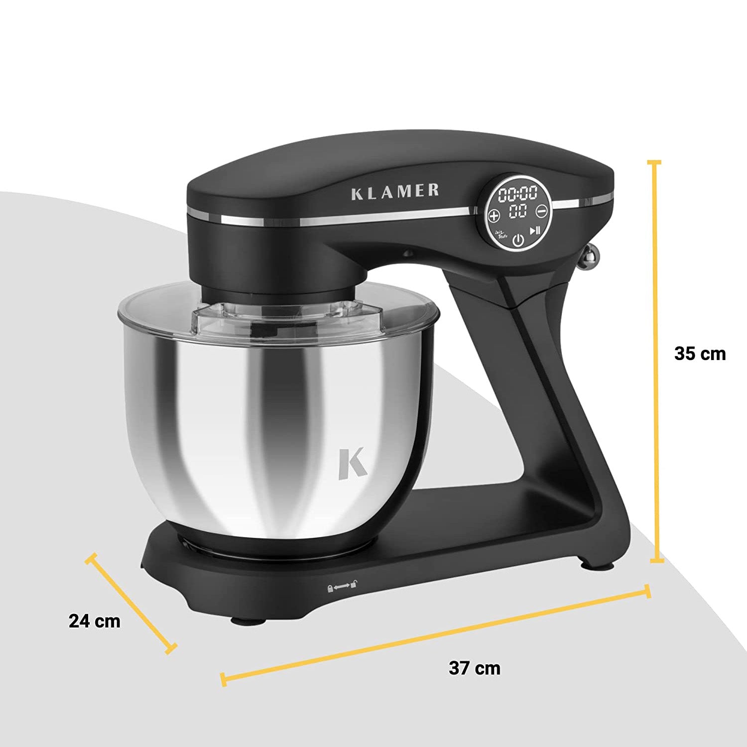 Küchenmaschine mit 1800 Watt Motor, 7,6 kg Fassungsvermögen und Spritzschutz, stilvolles Design in Schwarz.