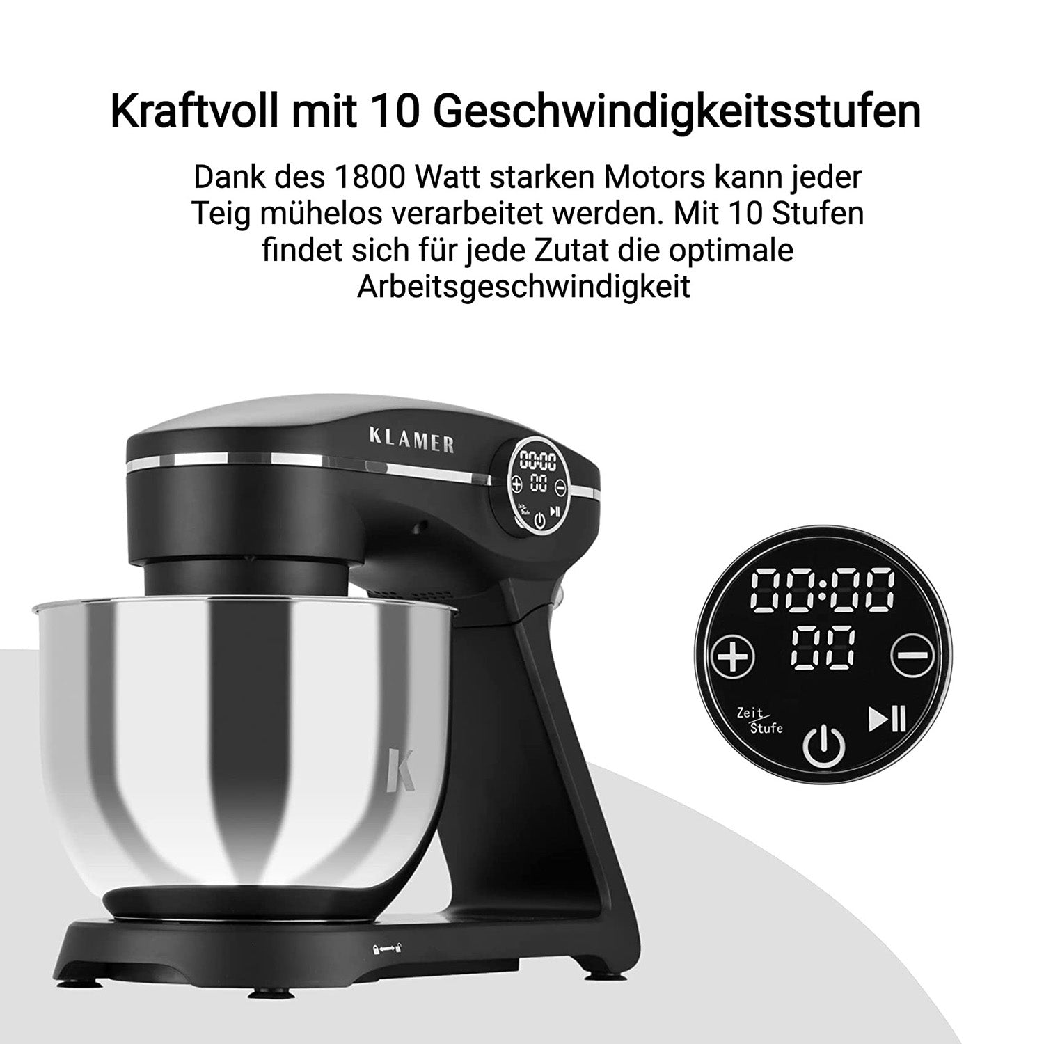 Küchenmaschine mit 1800 Watt Motor und 10 Geschwindigkeitsstufen für müheloses Teig zubereiten.