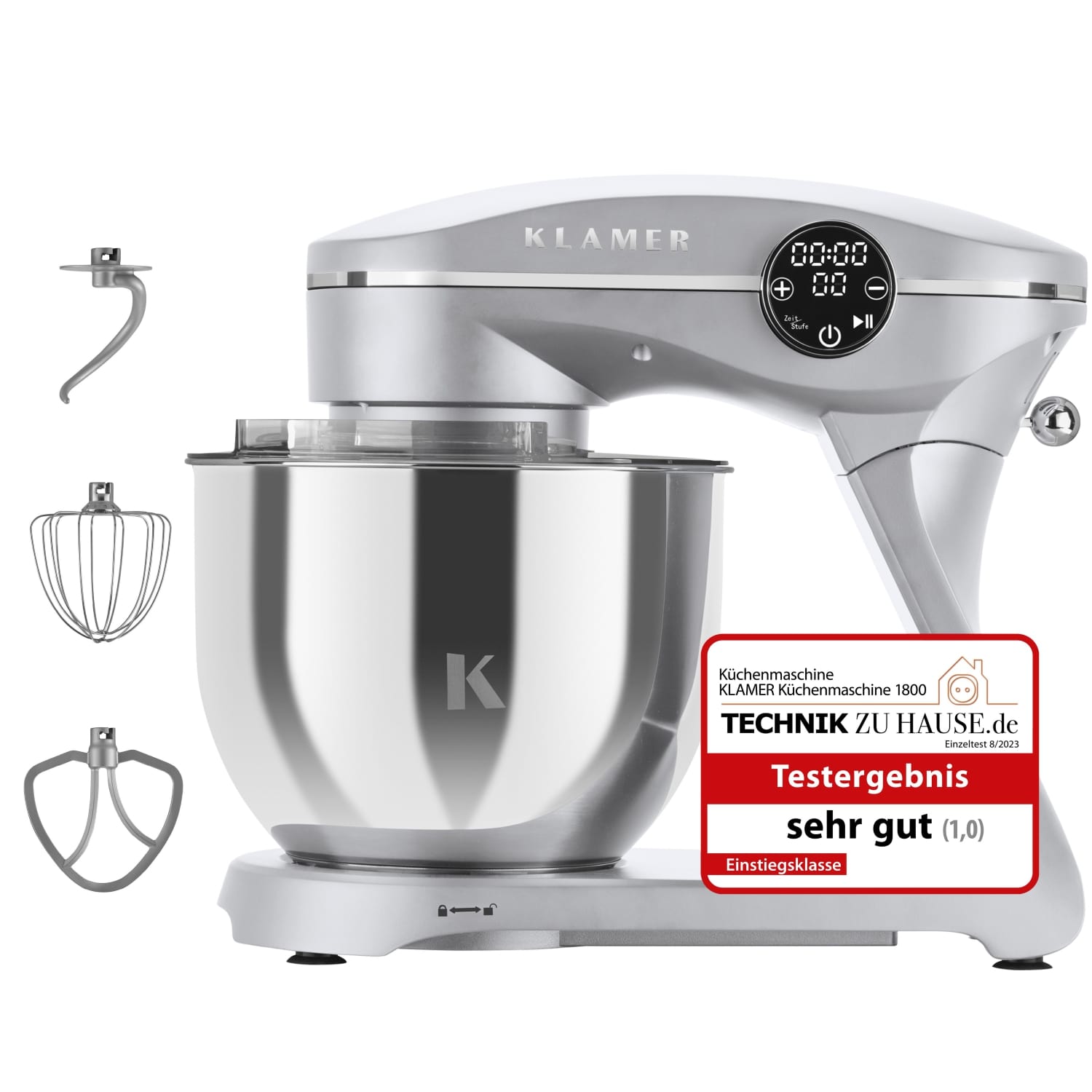 Küchenmaschine Klamer 1800 Watt mit 7,6 kg Schüssel, Zubehör und Testergebnis sehr gut.